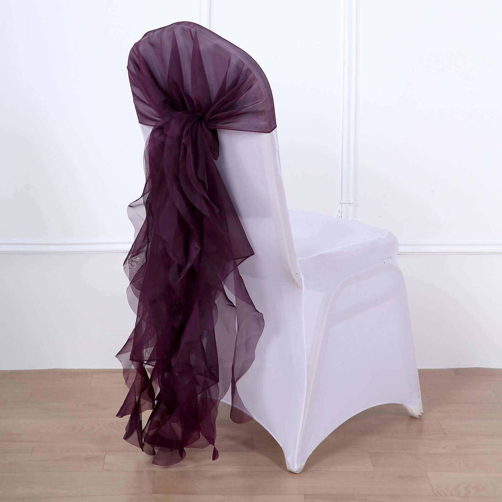 1 Set Chiffon Hoods Chair Sashes with Willow Ruffles Design Eggplant - Stylish Chair Bow Decor