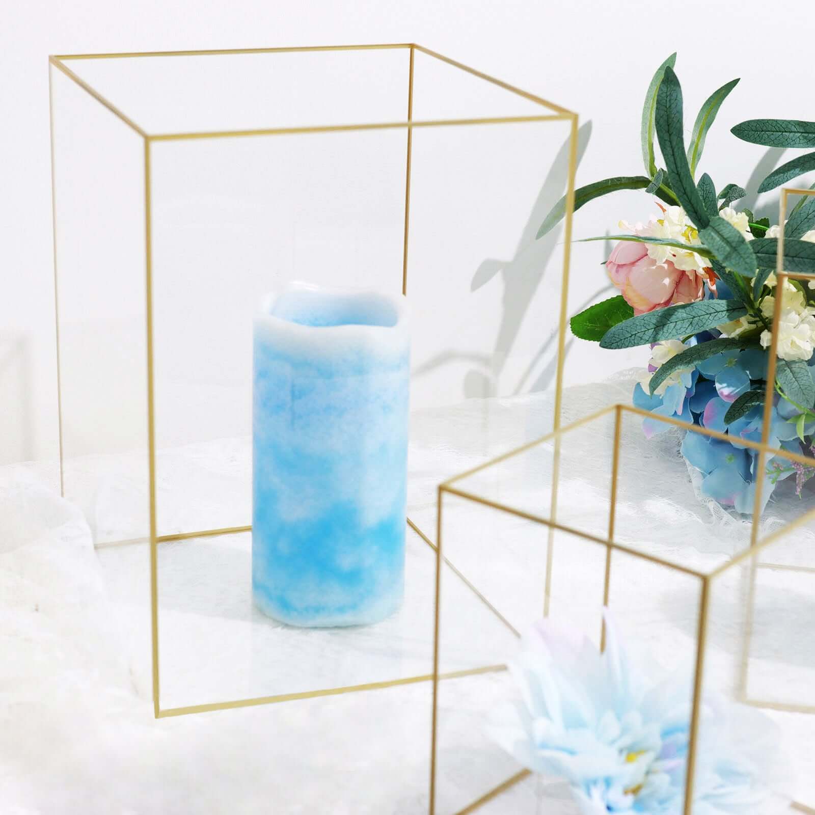 Set of 3 Candle Holders Acrylic Flower Display Boxes with Gold Rims Clear - Decorative Pillar Centerpieces 6", 8", 10"