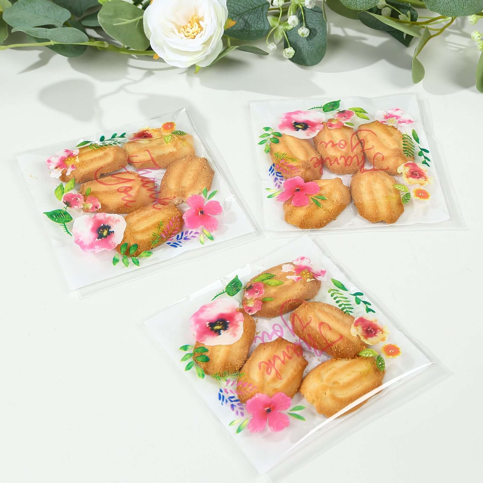 100-Pack PVC Cookie Candy Bags White/Clear - Decorative Self Adhesive Goodie Bags With "Thank You" Print & Floral Accents for Stylish Wedding Birthday Party Favors 6"x7"