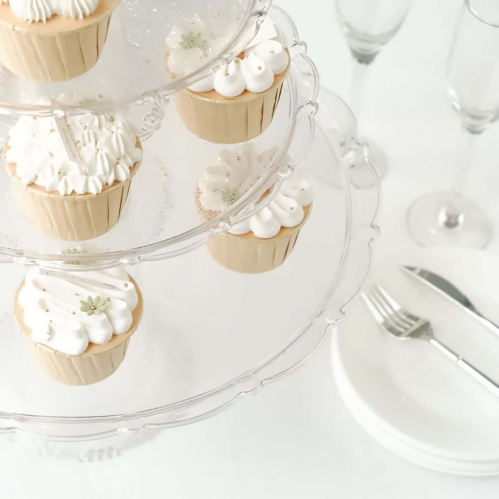 Set of 3 Plastic Round Pedestal Cake Stands Clear - Stackable Cupcake Display Holders with Scalloped Edges for Tea Parties Dessert Buffets & Banquets 9", 11", 15"