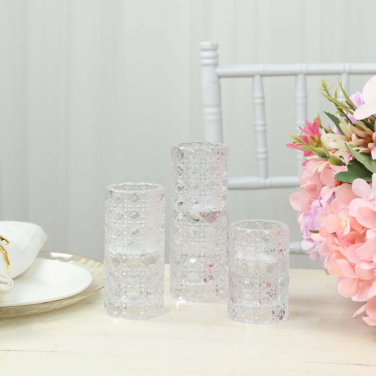 Set of 3 Glass Taper Candle Holders Clear with Gemstone Pattern - Dual Sided Crystal Cylinder Tealight Stands 3", 4", 5.5"