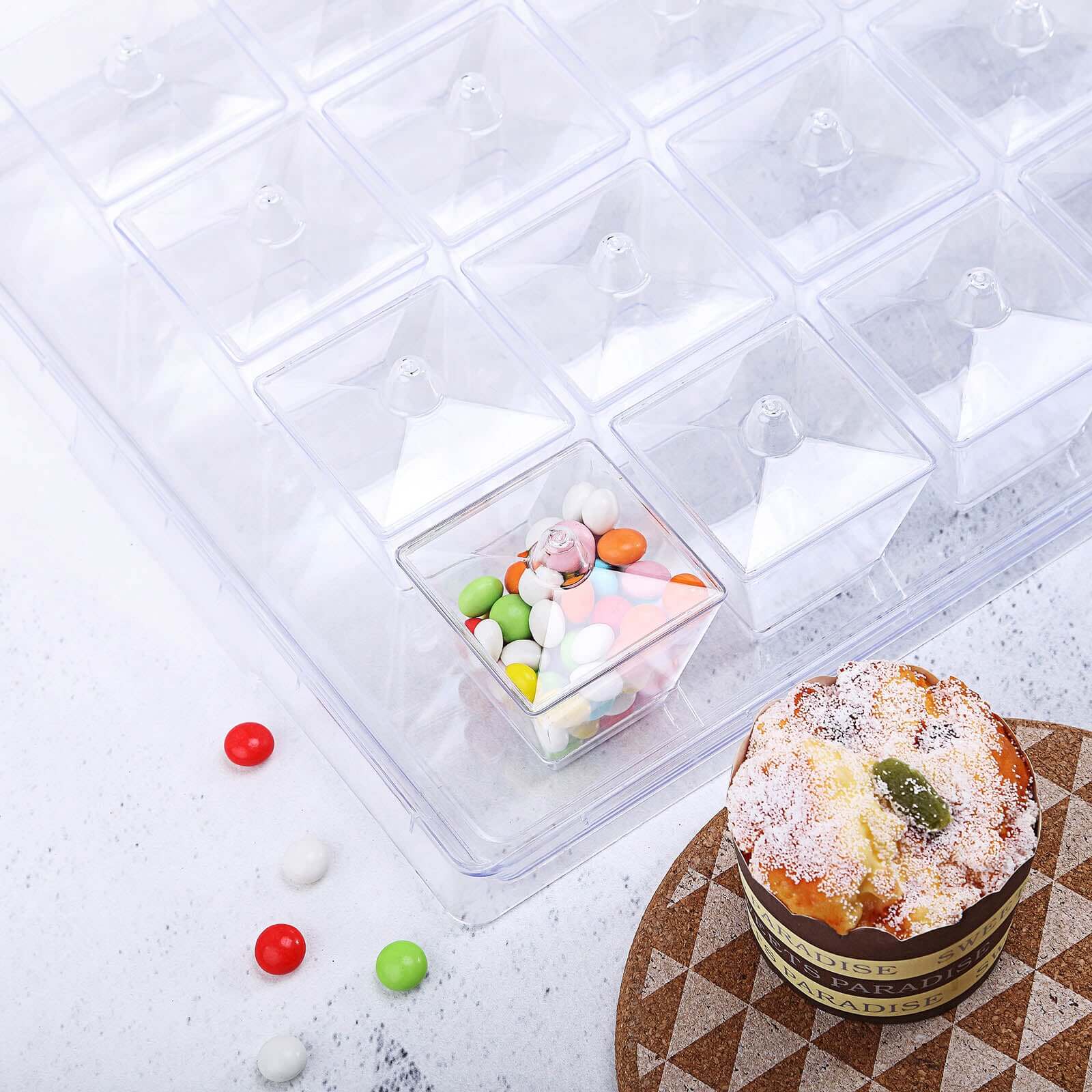 20-Pack Appetizer Cups Square Design Clear - Plastic Disposable Dessert Cups with Tray and Lids 3oz