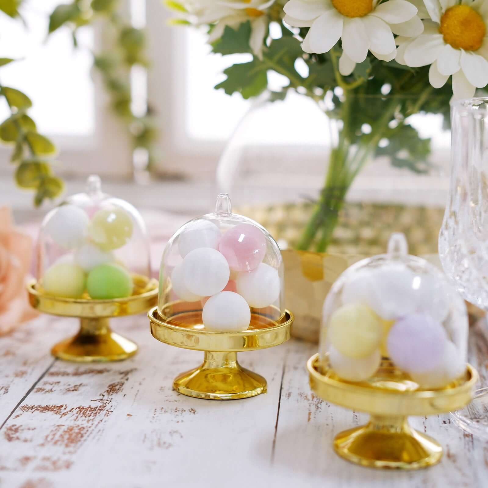 12-Pack Fillable Mini Pedestal Candy Container Clear/Gold- Stylish Candy Treat Favor Containers with Dome Lid 3"
