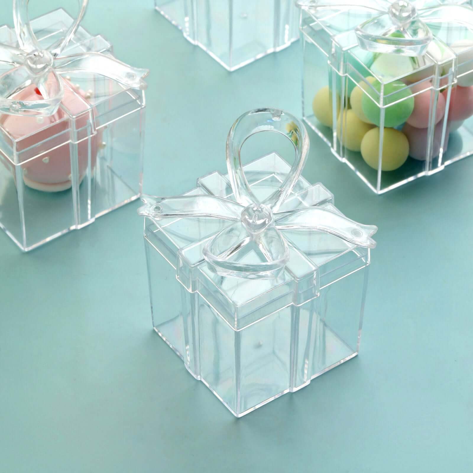 12 Pack 3" Square Clear Bow Top Plastic Party Favor Boxes, Transparent Candy Container Gift Boxes