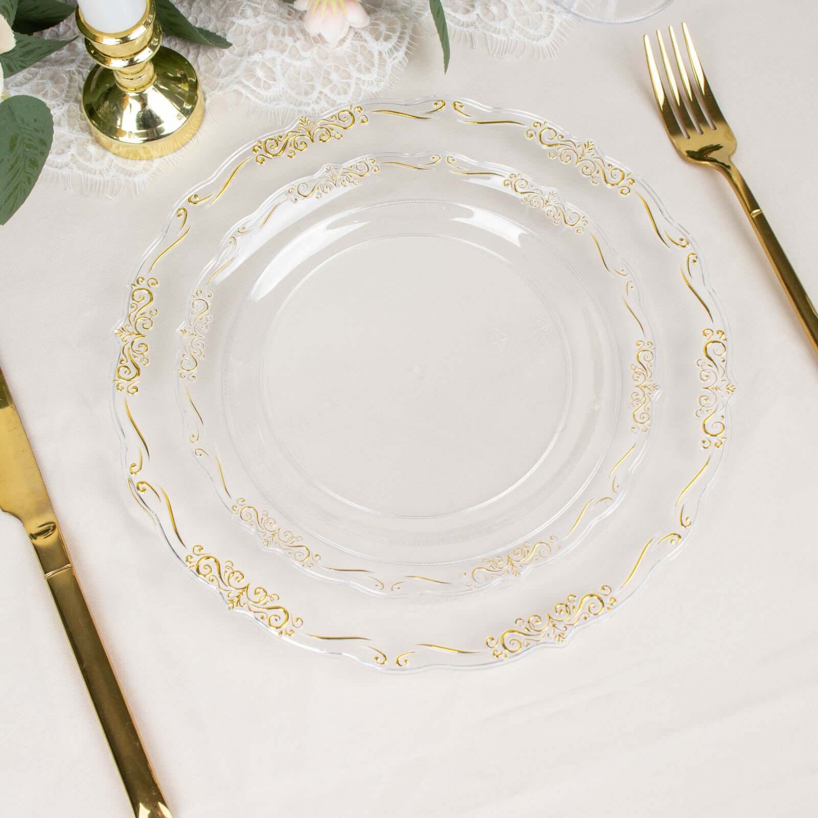 10-Pack Plastic 7" Round Dessert Plates in Clear with Gold Vintage Embossed Rim - Sturdy Disposable Scalloped Edge Salad Plates for Sophisticated Events & Celebrations