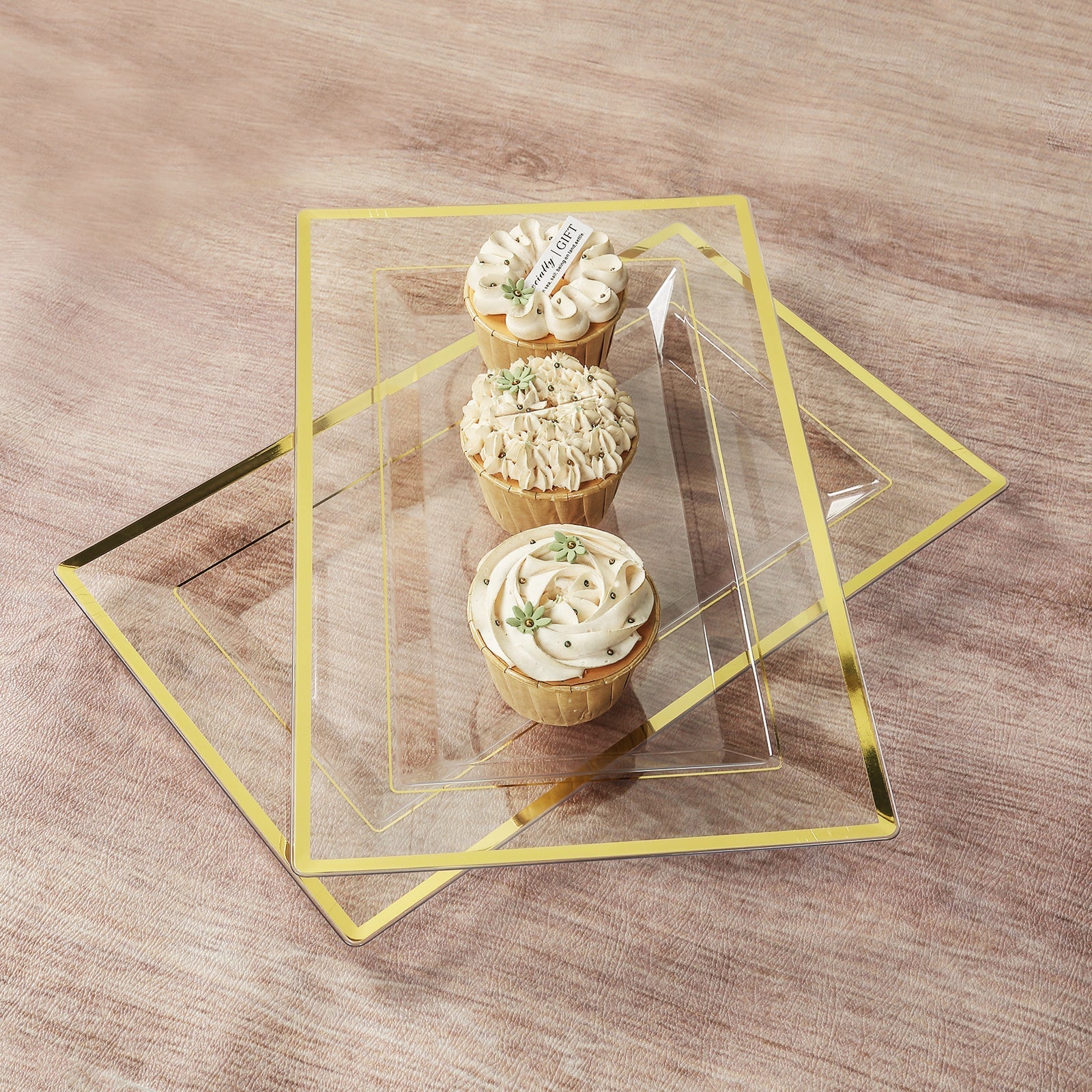 10-Pack Plastic 13"x8" Rectangle Serving Trays Clear with Gold Rim - Durable Reusable Sleek Design for Upscale Events & Parties
