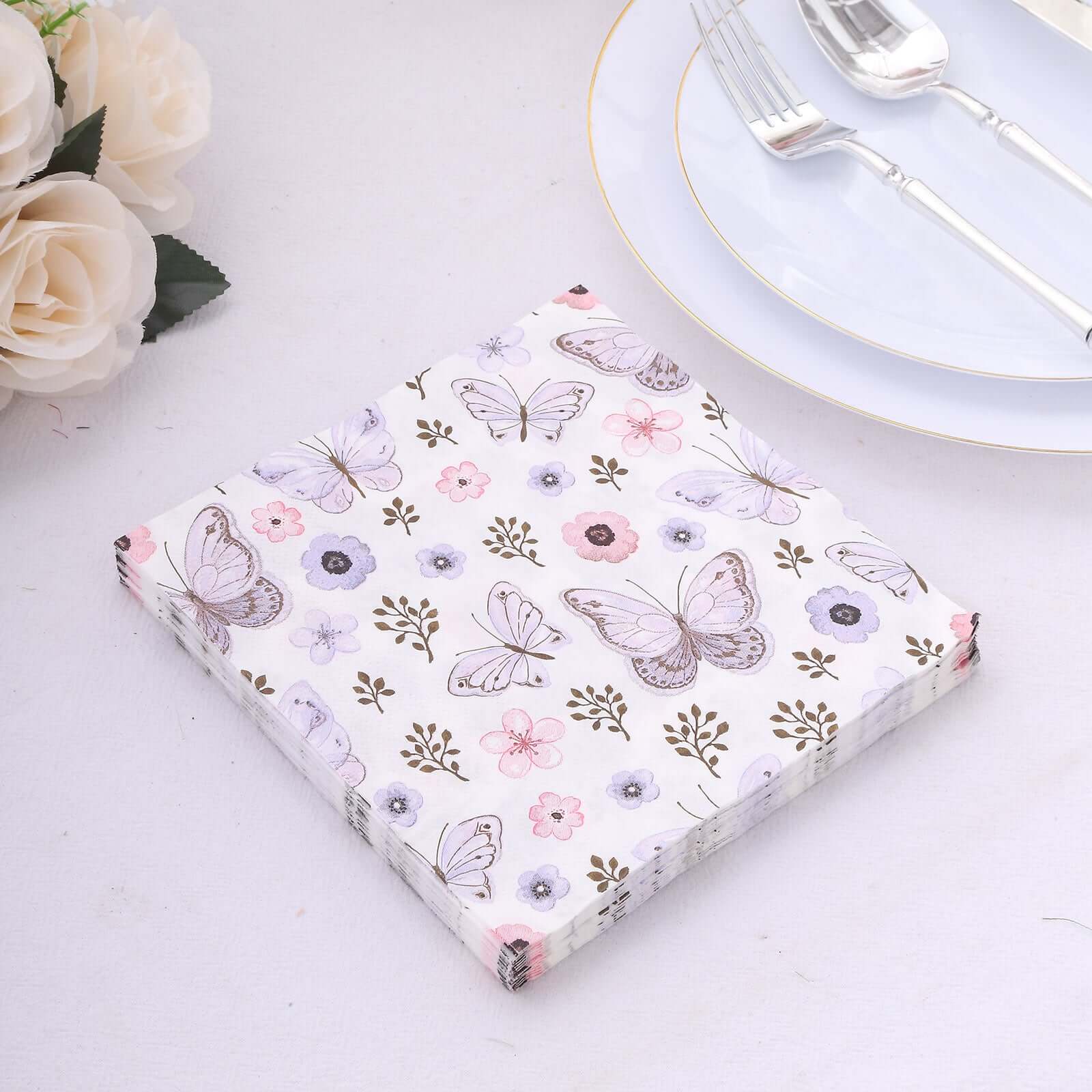 50-Pack Paper Beverage Napkins with Lavender Butterfly Floral Design Ivory - 2 Ply Soft 18GSM Garden Wedding Napkins 6.5"x6.5"