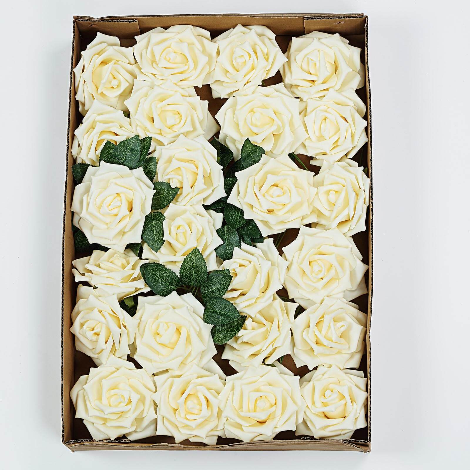 24 Roses 5" Cream Artificial Foam Flowers With Stem Wire and Leaves