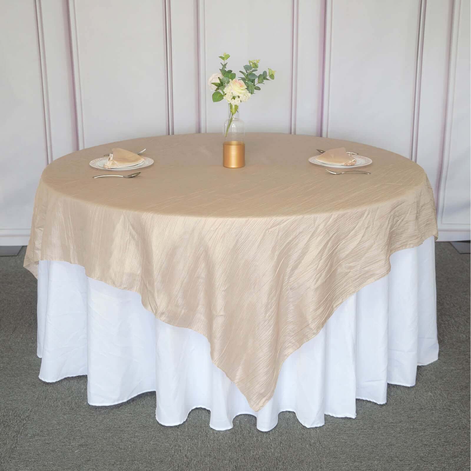 Taffeta 90"x90" Table Overlay Square Tablecloth Beige - Accordion Crinkle Table Cover