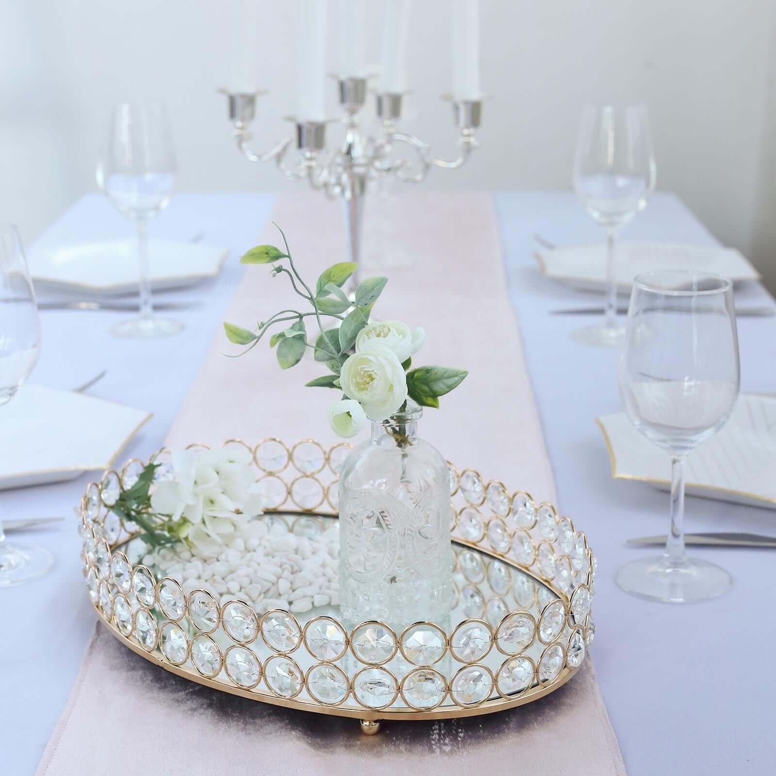 Gold Metal Crystal Beaded Mirror Oval Vanity Serving Tray, Decorative Tray - Medium 14"x10"