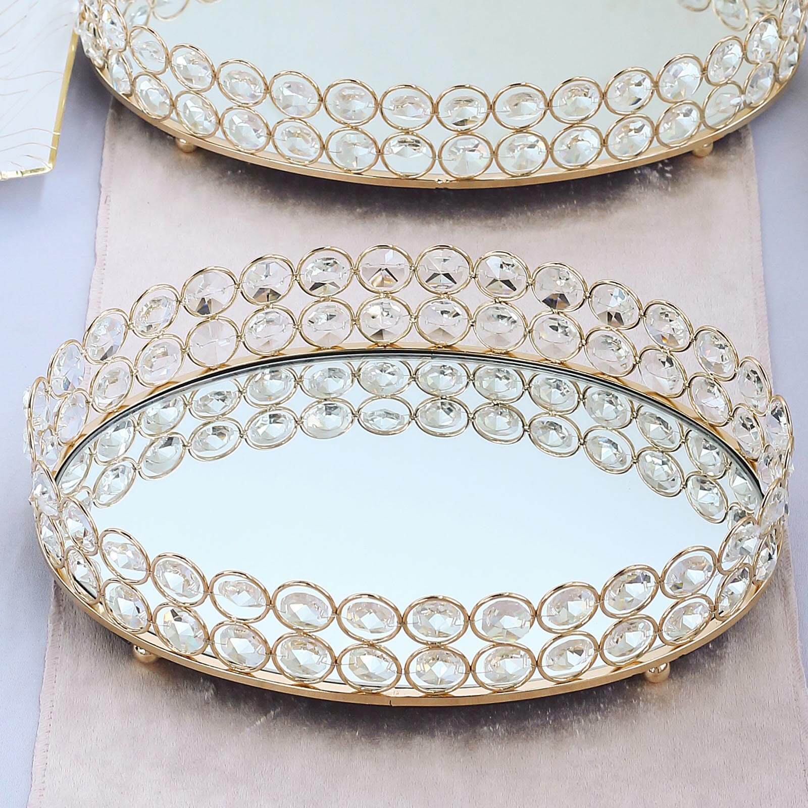 Metal Mirrored Oval Serving Tray 12"x8" in Gold with Crystal Beads, Glamorous Decorative Vanity Tray Centerpiece