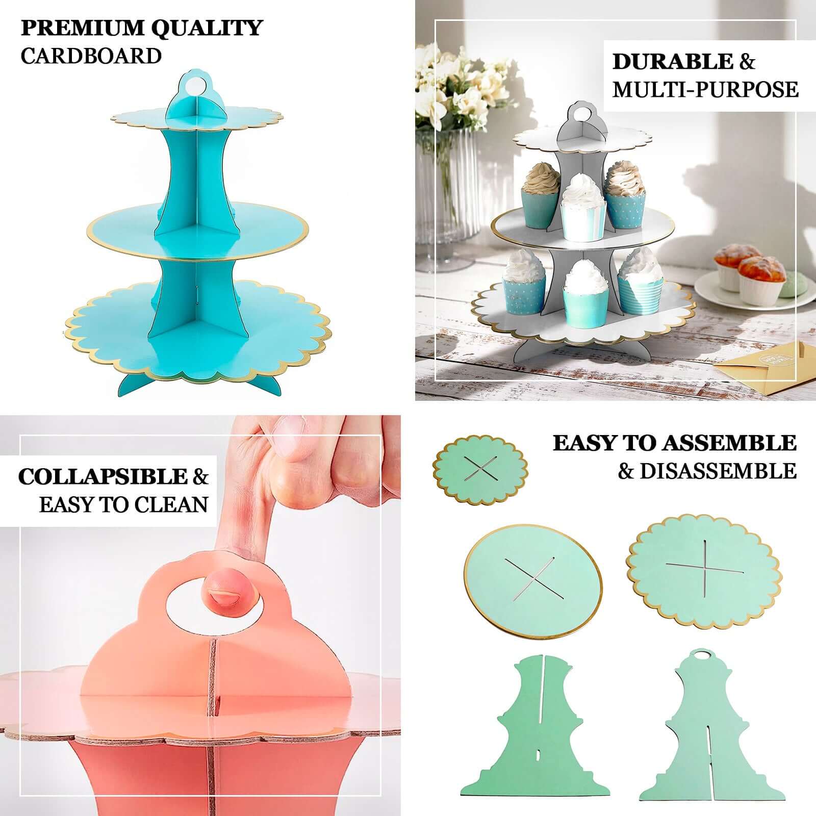3-Tier Cardboard Cupcake Stand Mint - Sturdy & Collapsible Dessert Treat Tower with Gold Scalloped Rim for Baby Shower Wedding & Party Decor 13"