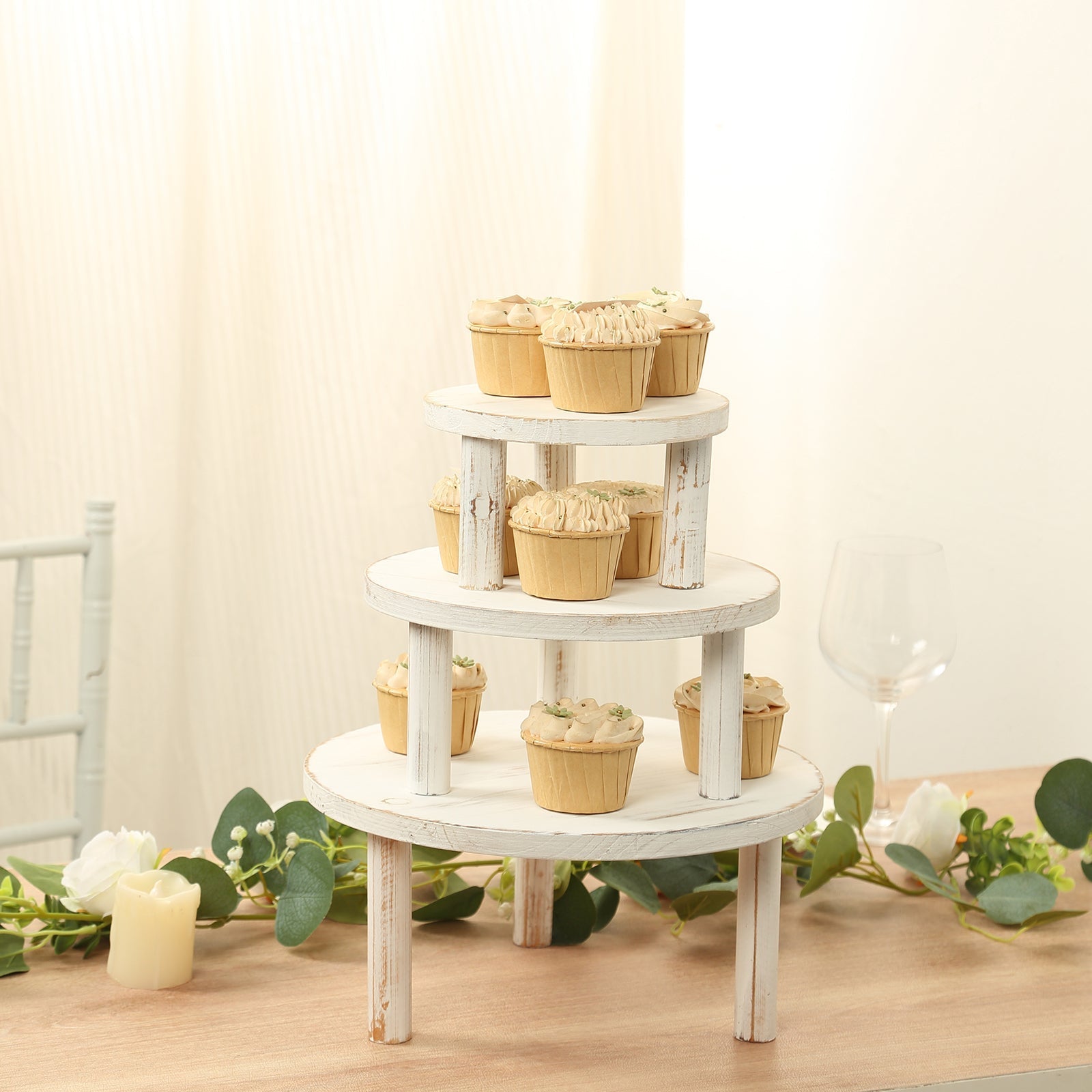 Set of 3 Wooden Pedestal Cake Stands Whitewash with Removable Legs - Stackable Round Rustic Plant Risers 7", 9.5", 12"