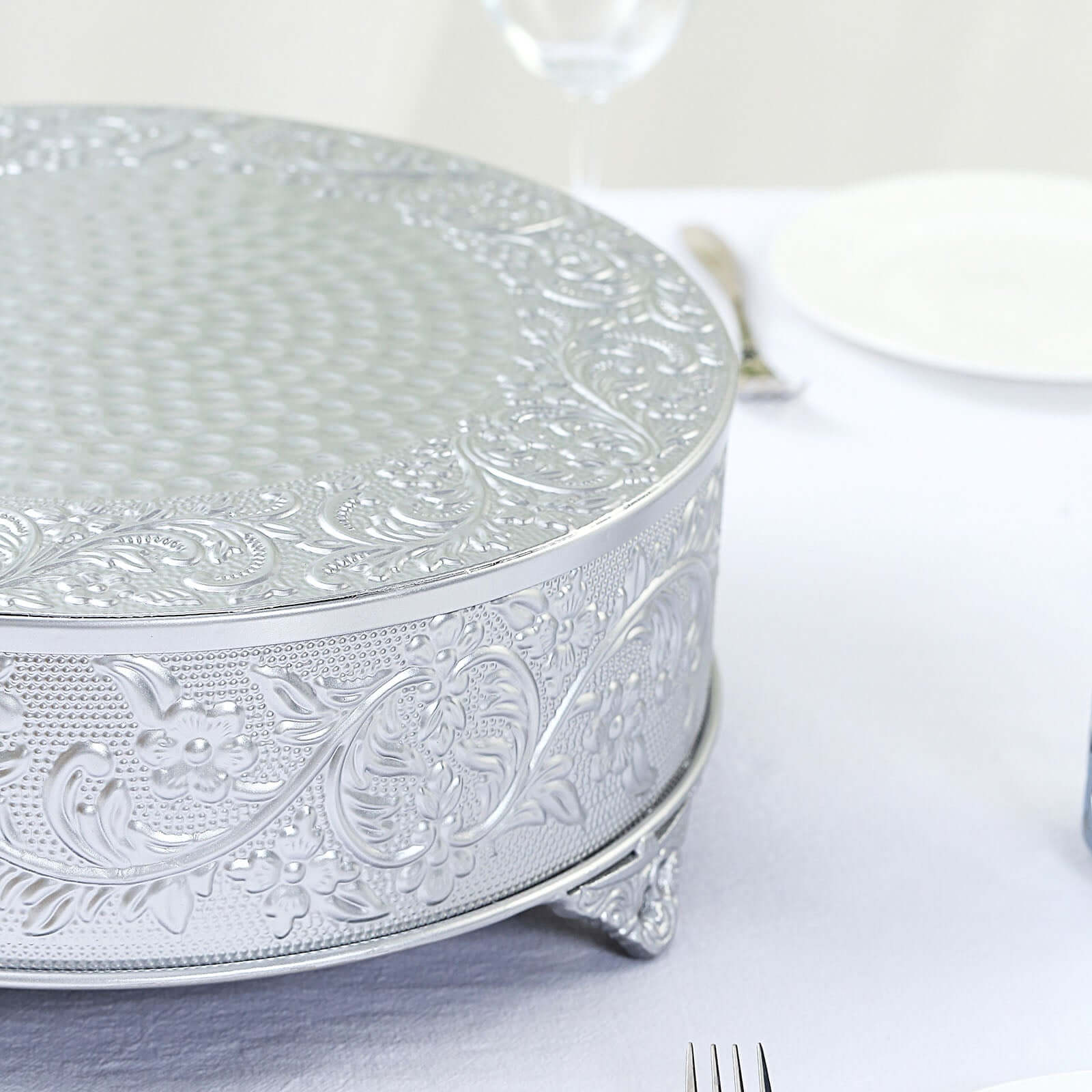 Metal 14" Round Cake Pedestal Stand Matte Silver - Cupcake Dessert Display Riser with Intricate Embossed Design for Upscale Events & Gatherings