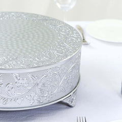 Metal 14" Round Cake Pedestal Stand Matte Silver - Cupcake Dessert Display Riser with Intricate Embossed Design for Upscale Events & Gatherings