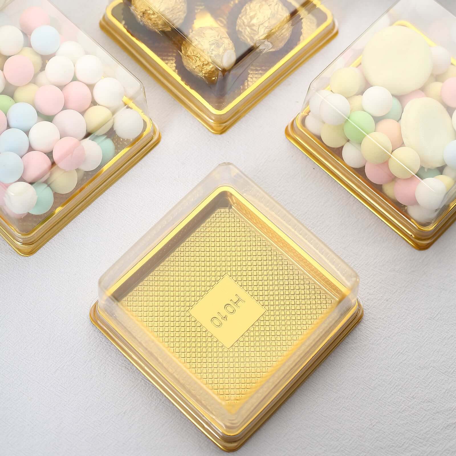 50 Pack Clear Gold Square Mini Plastic Cupcake Party Favor Boxes, Muffin Dessert Containers - 4"x4"x2.5"