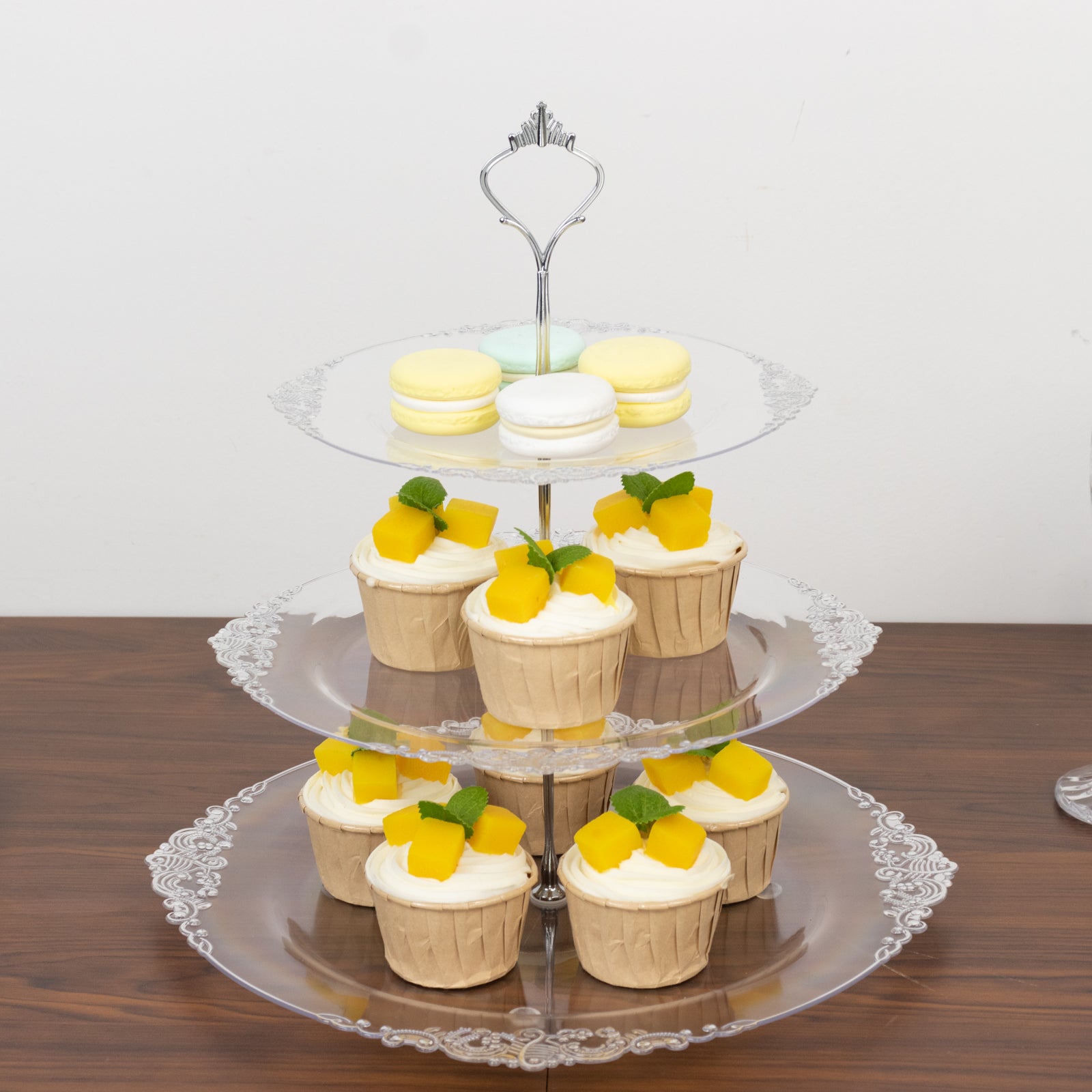 3-Tier Clear Plastic Cupcake Tower Stand with Silver Embossed Baroque Rim, 13" Round Cake Dessert Holder Display Stand Tiered Serving Tray with Top Handle