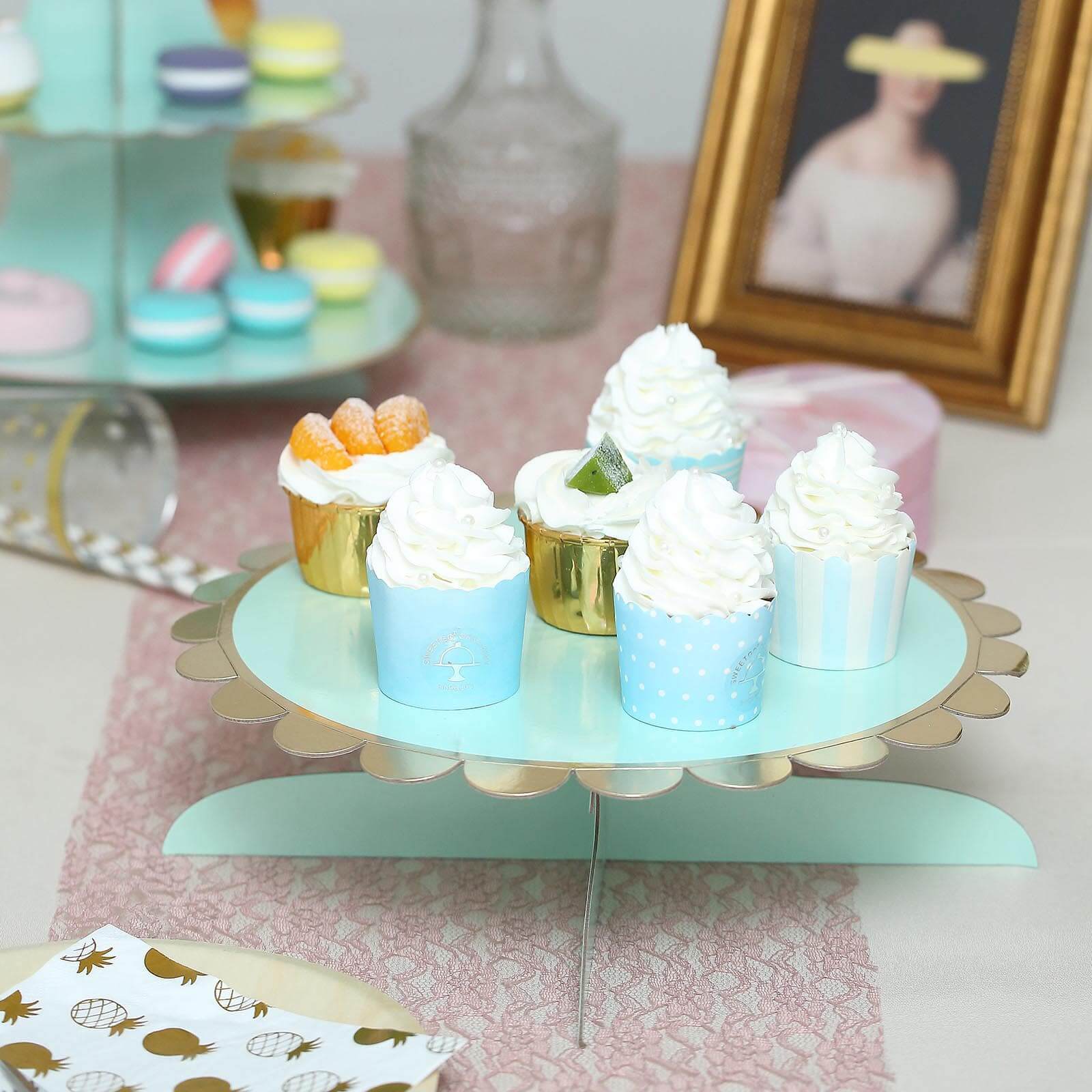 1-Tier Cardboard Cake Stand Mint - Stylish Reusable Cupcake Dessert Holder with Gold Scalloped Rim for Baby Showers Birthdays & Events 13"