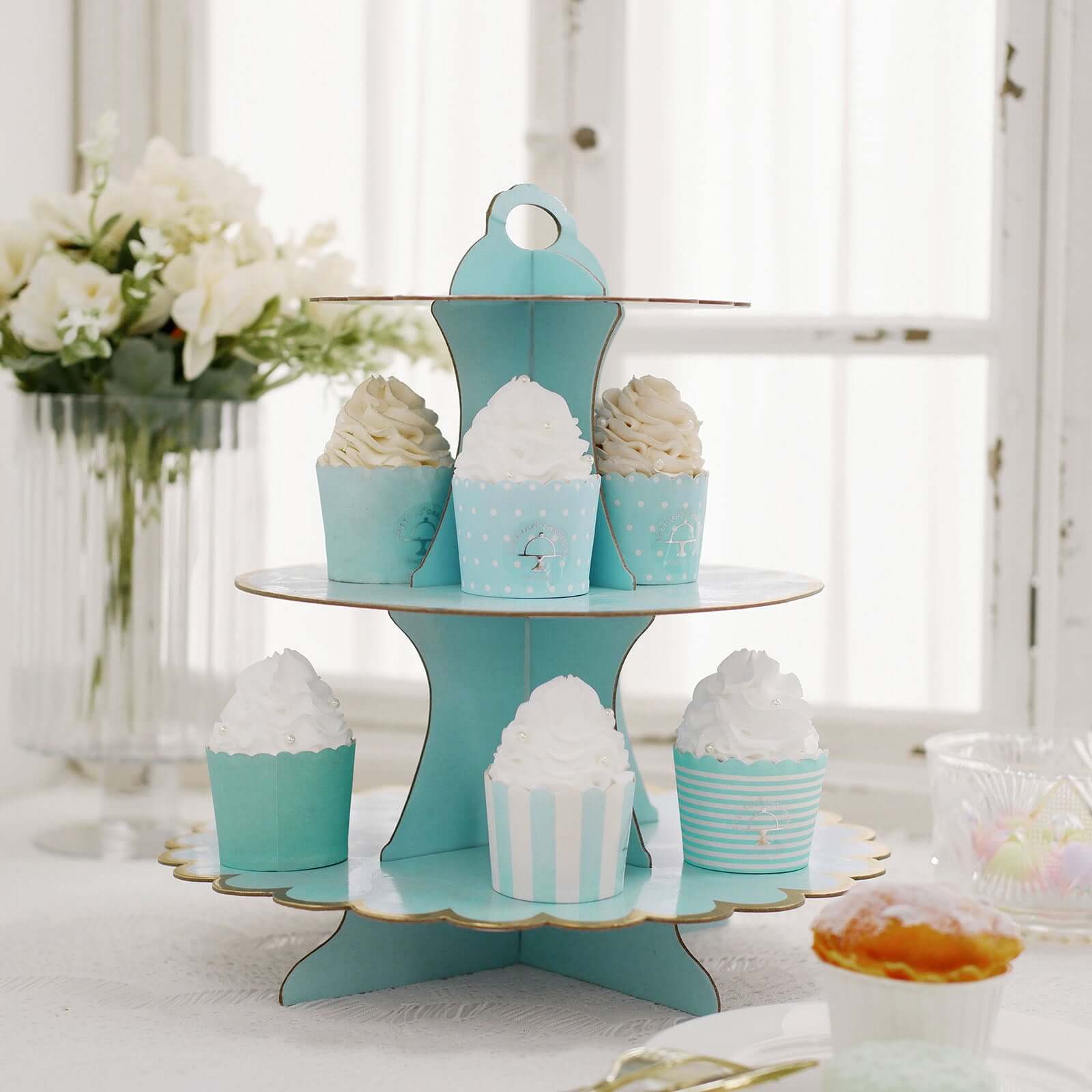 3-Tier Cardboard Cupcake Stand Light Blue - Sturdy & Collapsible Dessert Treat Tower with Gold Scalloped Rim for Baby Shower Wedding & Party Decor 13"