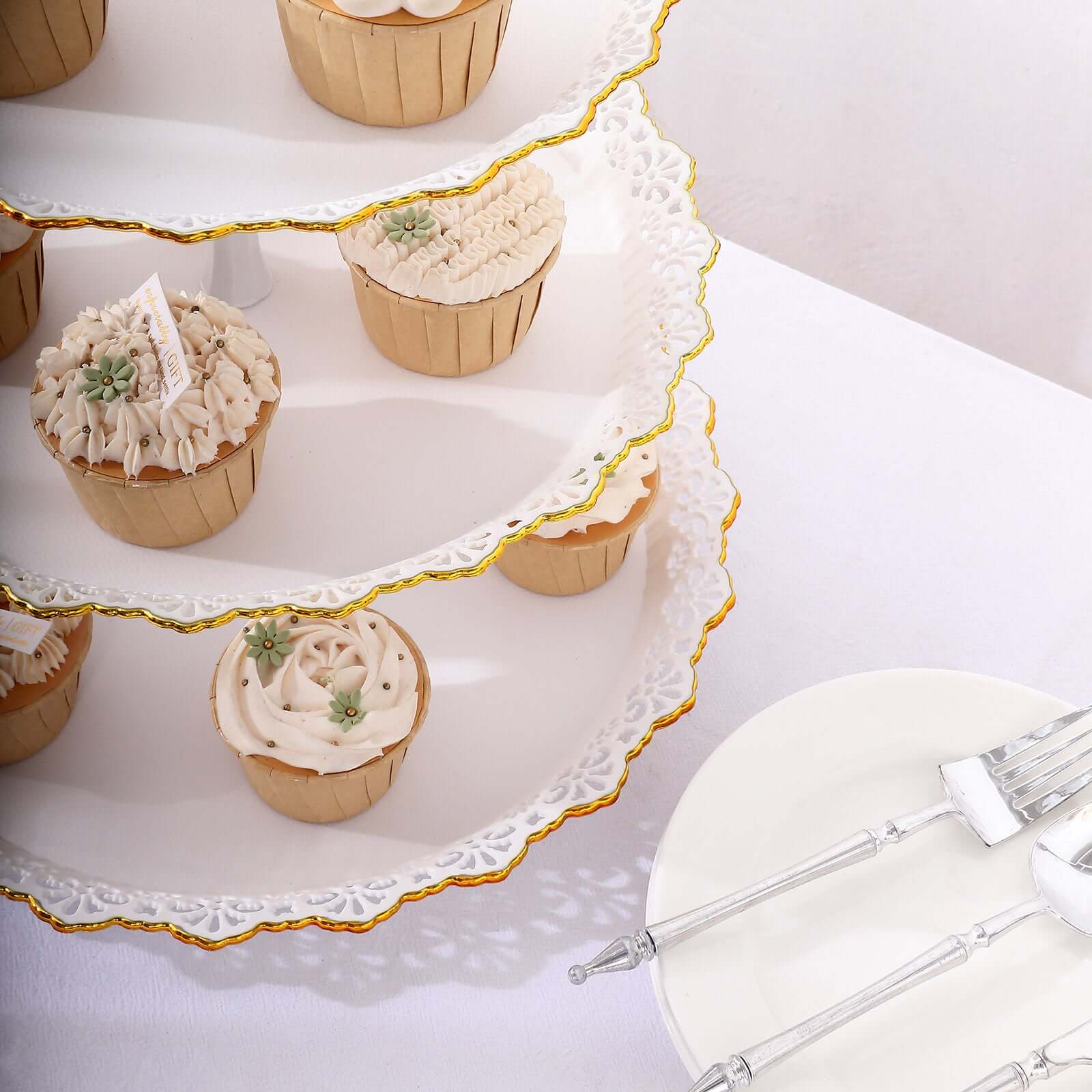3-Tier Plastic Round Cupcake Stand 15" White with Lace Gold Rim Scalloped Edges - Multifunctional Space Saving Dessert Display Tower Pastry Serving Tray for Classy Events