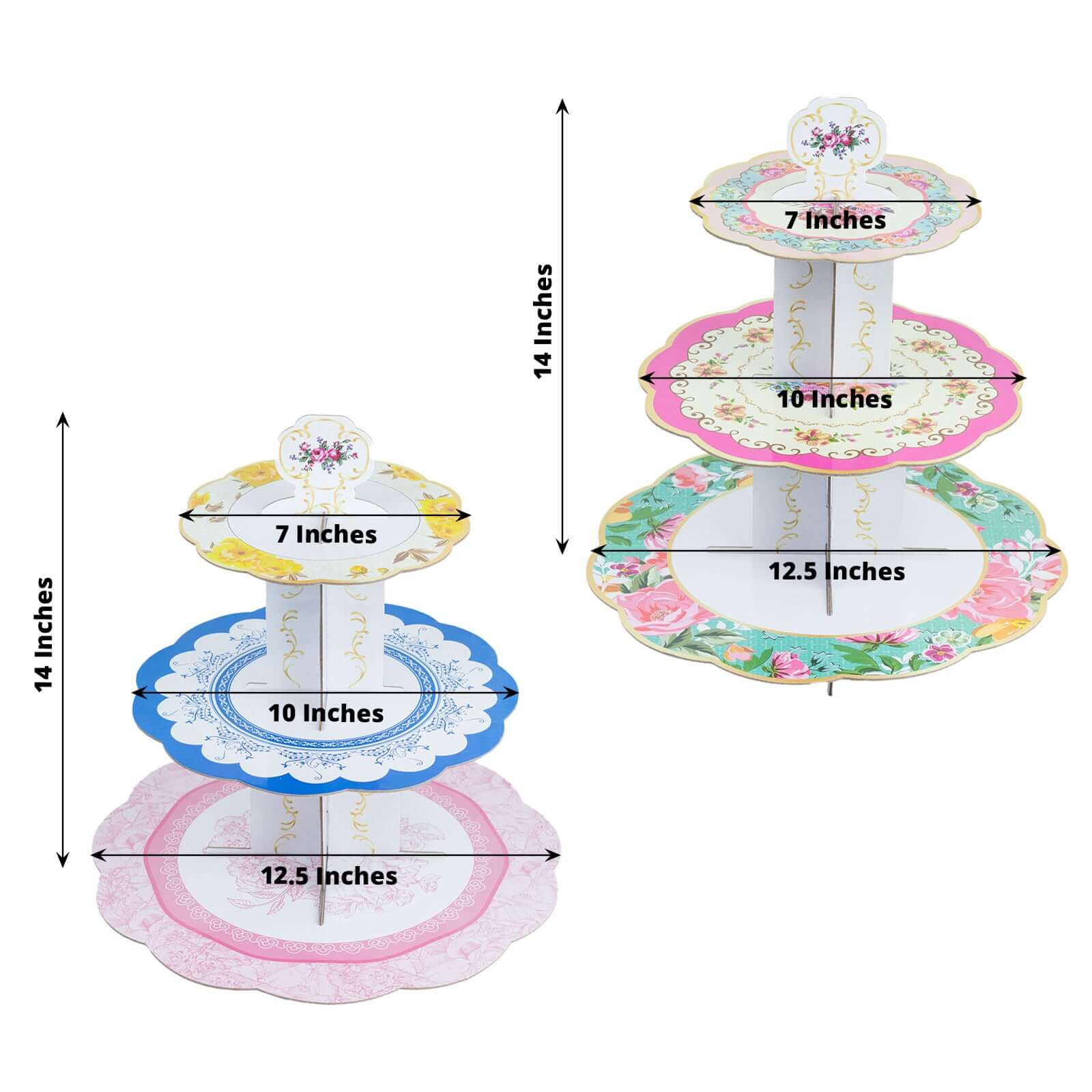 2-Pack Cardboard Round Cupcake Stand Assorted Floral Design - 3-Tier Reusable Dessert Display Pedestal With Scalloped Edges for Garden-Themed Celebrations 14"