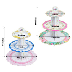 2-Pack Cardboard Round Cupcake Stand Assorted Floral Design - 3-Tier Reusable Dessert Display Pedestal With Scalloped Edges for Garden-Themed Celebrations 14"