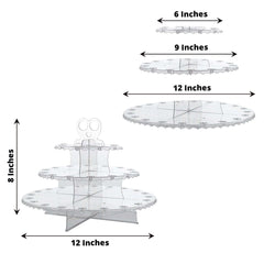 3-Tier Plastic Cucpake & Cake Pop Stand Clear - Decorative Reusable Lollipop Holder Dessert Tower with Floral Edges for Birthday Baby Shower & Tea Parties 12"