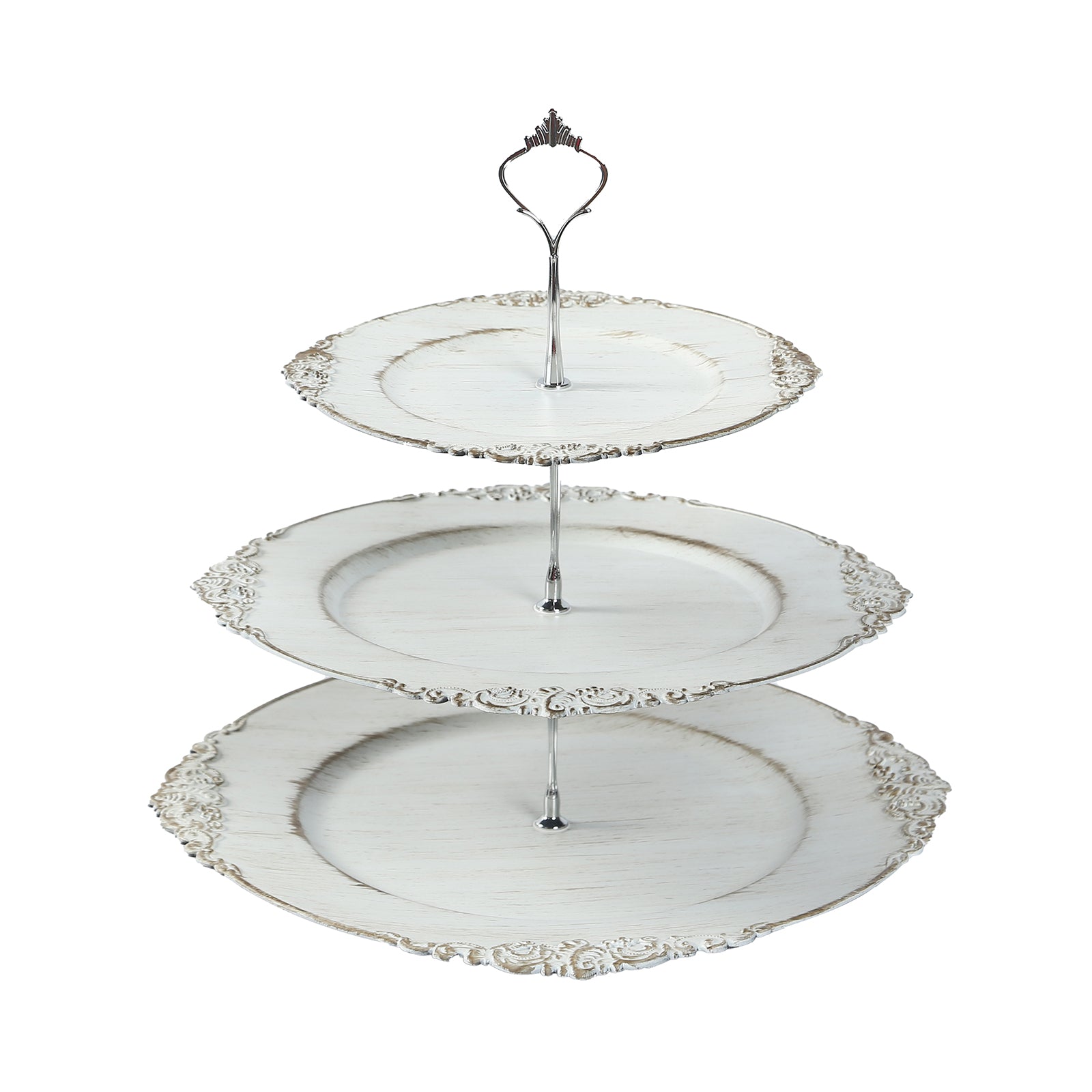 3-Tier Plastic Round Cupcake Stand Whitewashed - Vintage-Inspired Reusable Dessert Display Holder Tea Party Serving Tray Platter with Antique Gold Baroque Rim & Top Handle 13"
