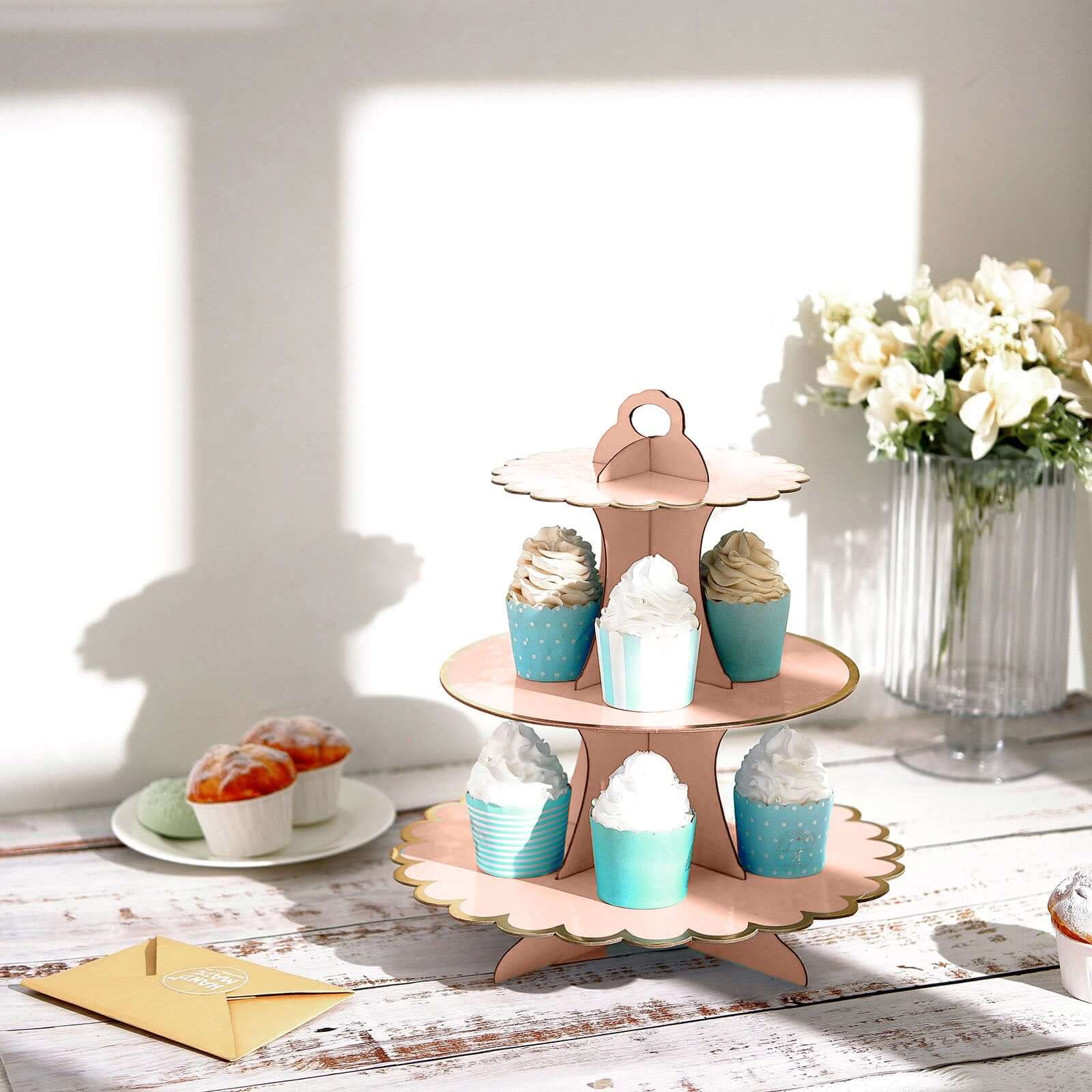 3-Tier Cardboard Cupcake Stand Blush - Sturdy & Collapsible Dessert Treat Tower with Gold Scalloped Rim for Baby Shower Wedding & Party Decor 13"