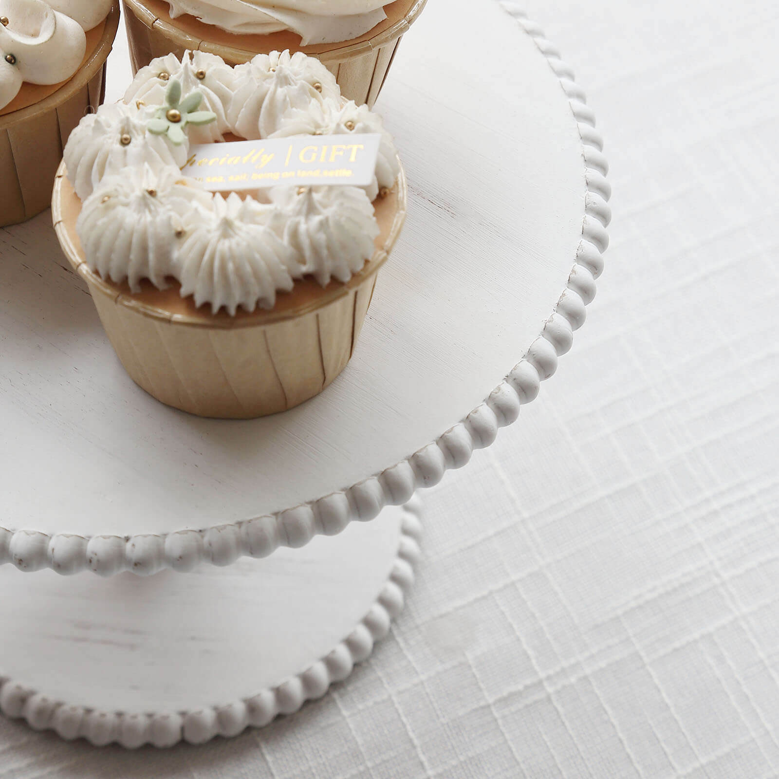Set of 3 Wooden Pedestal Cake Stands Whitewash with Round Beaded Rim Trays - Stackable Rustic Cupcake Display 8", 10", 12"
