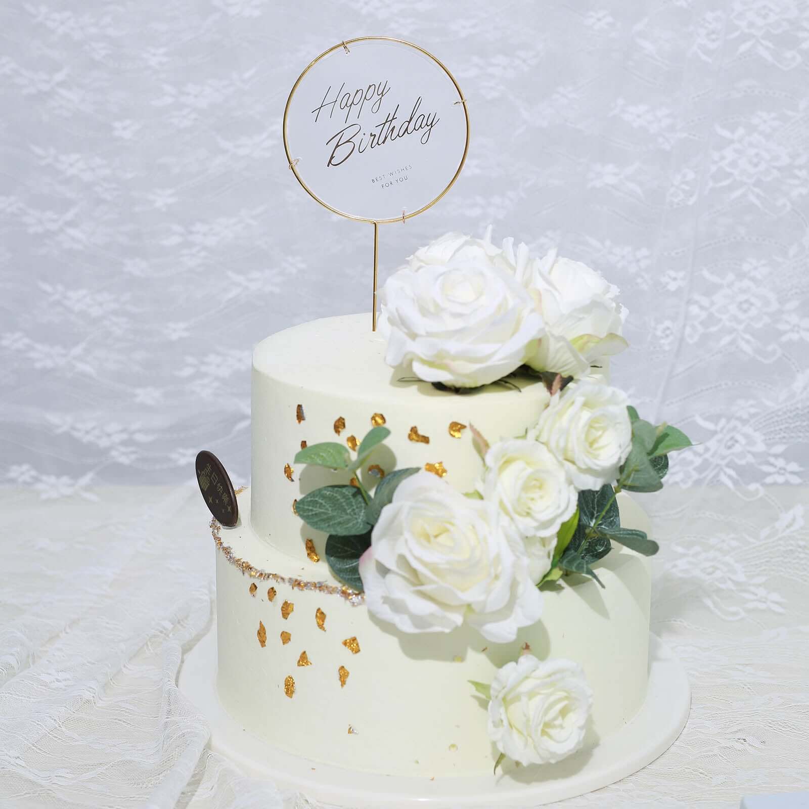 3 Pcs Happy Birthday Cake Toppers with Gold Metal Frames & Clear Acrylic Panels - Charming Reusable Cake Decorations with Stylish Silk Flower Accents