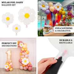 Set of 10 White Daisy Flower-Shaped Mylar Foil Balloons, Assorted Floral Balloon Party Decorations with Balloon Dots - 10", 19", 27"