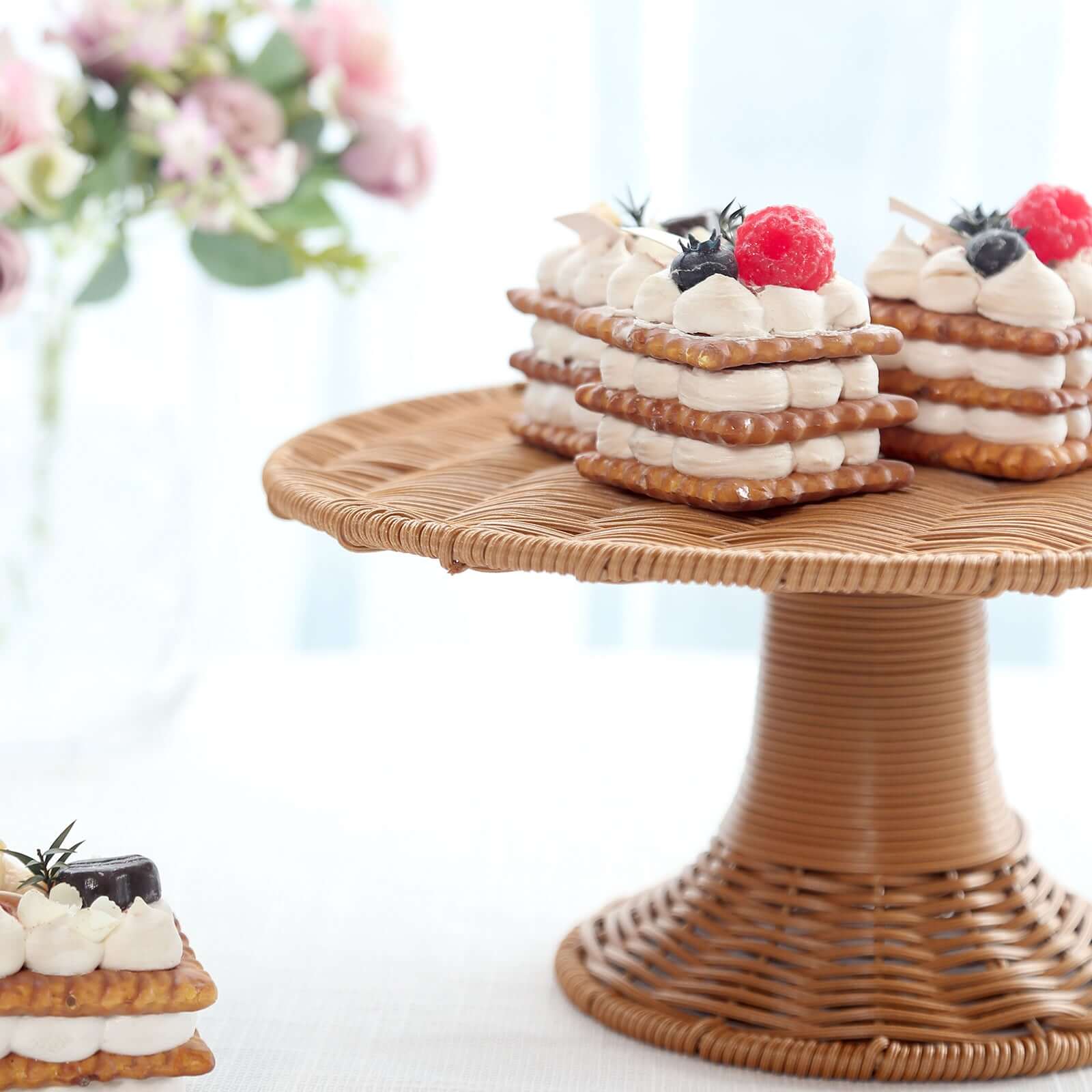Plastic Round Rattan Wicker Pedestal Cake Stand Natural - Reusable Rustic Cupcake Holder Dessert Table Display Centerpiece for Home Parties & Events 12"