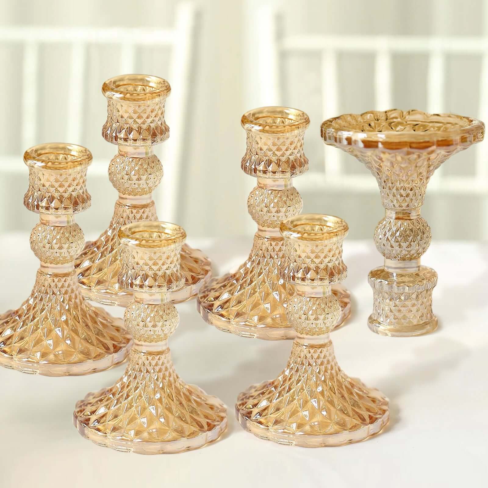 6-Pack Glass Taper Candlestick Holders Diamond Pattern Design Amber Gold - Reversible Crystal Pillar Votive Stands 4"