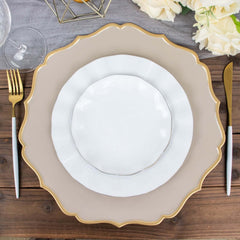 6-Pack Acrylic Round Charger Plates 13" in Taupe with Gold Scalloped Rim, Decorative Dinner Party Plastic Charger Tableware