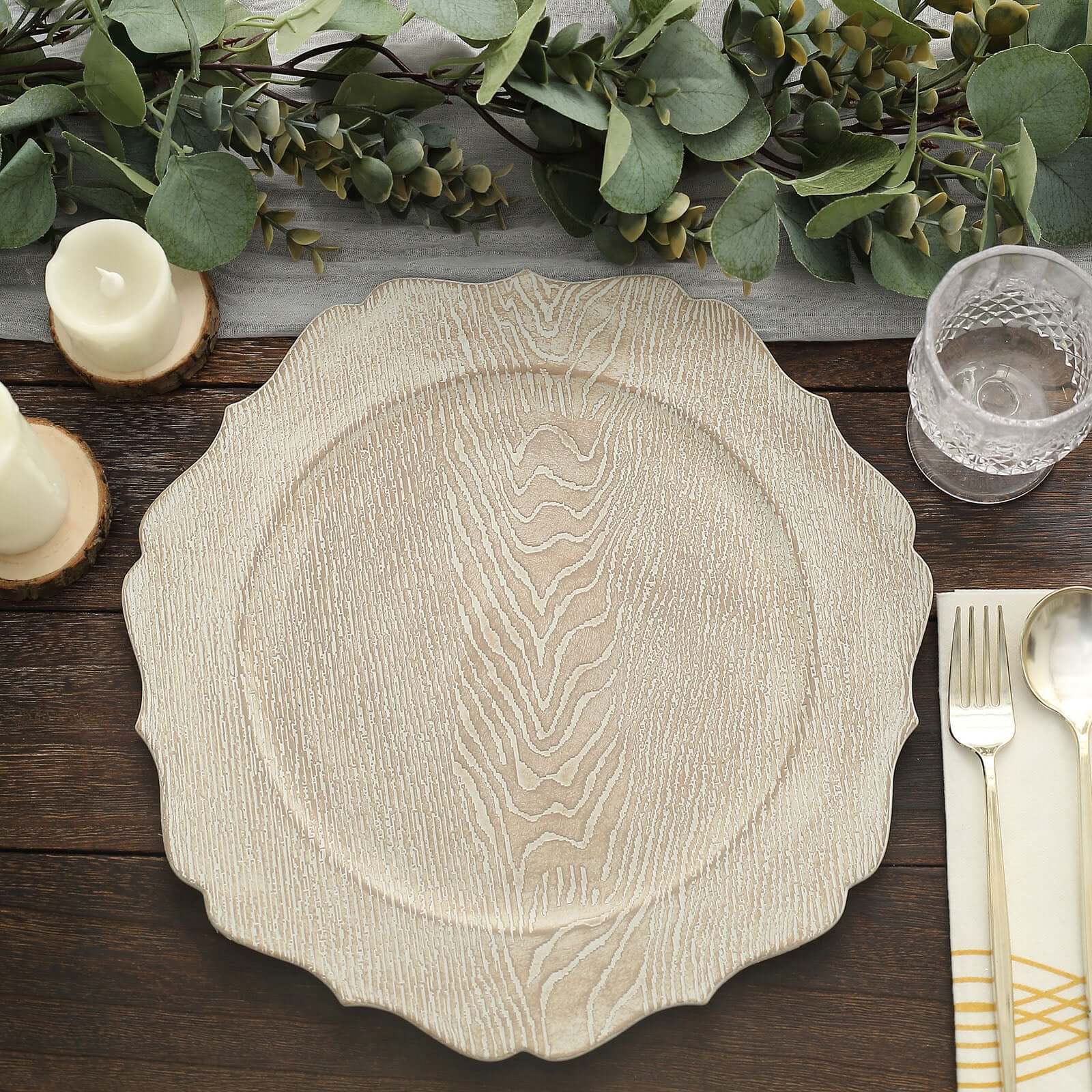 6-Pack Acrylic Round Charger Plates 13" in Rustic White with Wood Grain Scalloped Rim, Decorative Dinner Party Charger Tableware
