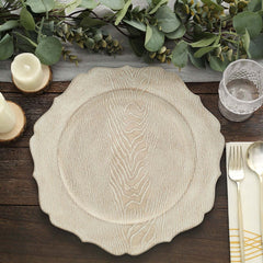 6-Pack Acrylic Round Charger Plates 13" in Rustic White with Wood Grain Scalloped Rim, Decorative Dinner Party Charger Tableware