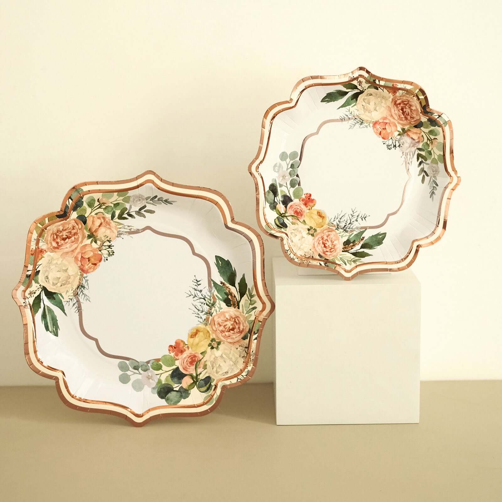 25-Pack Paper 10" Dinner Plates in White with Floral Print & Rose Gold Scallop Rim - Disposable 300GSM Party Plates