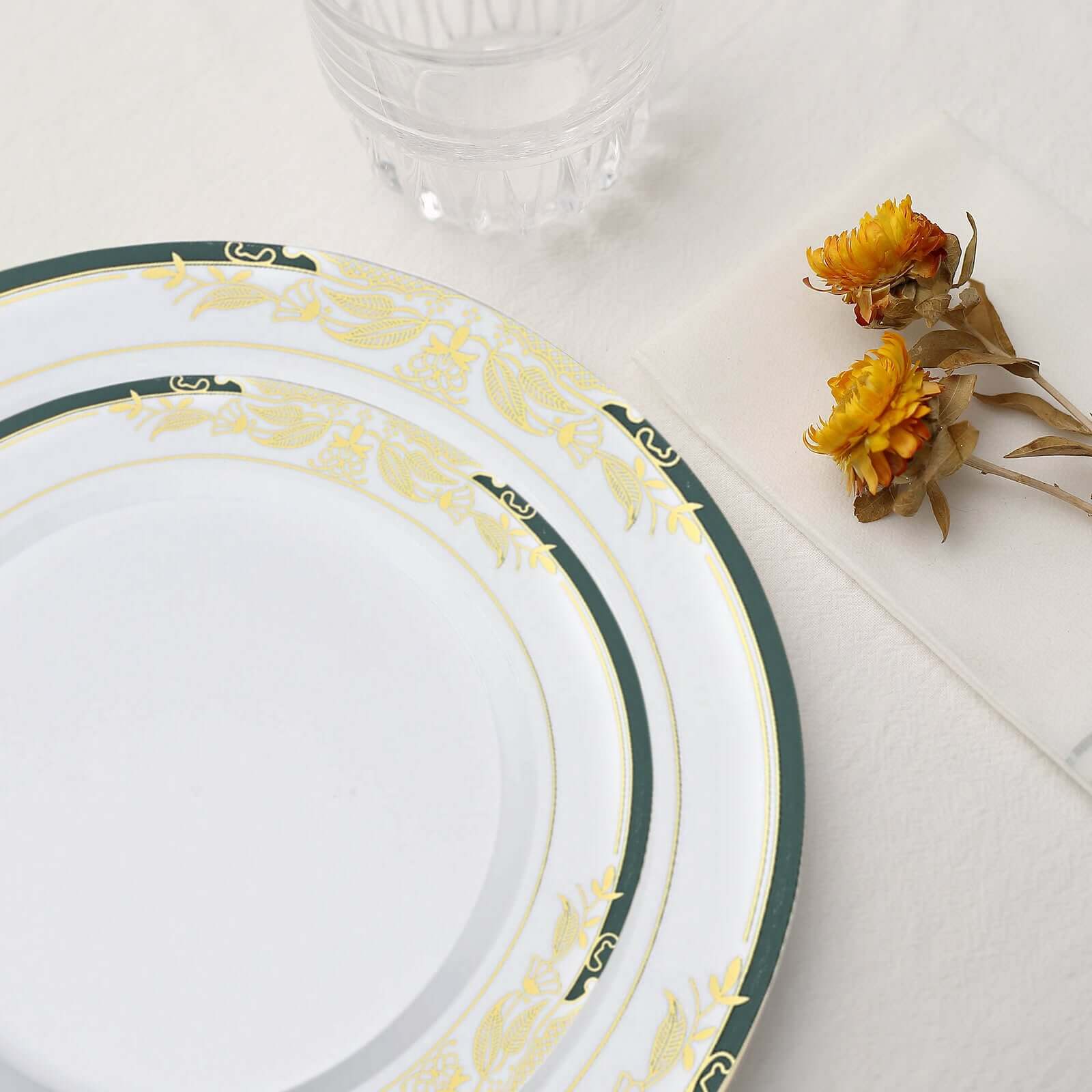 10-Pack Plastic 8" Round Dessert Plates in White with Hunter Emerald Green Rim - Stylish Gold Vine Design Disposable Salad/Appetizer Plates for Special Occasions & Celebrations
