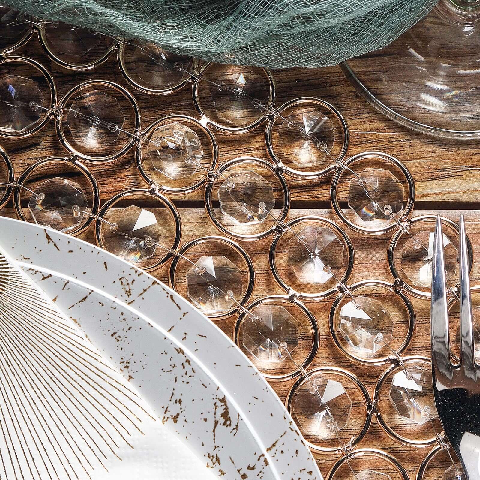 Wired Metal Round Charger Plate 14" in Gold with Acrylic Crystal Beads, Glamorous Decorative Dinner Charger Tableware
