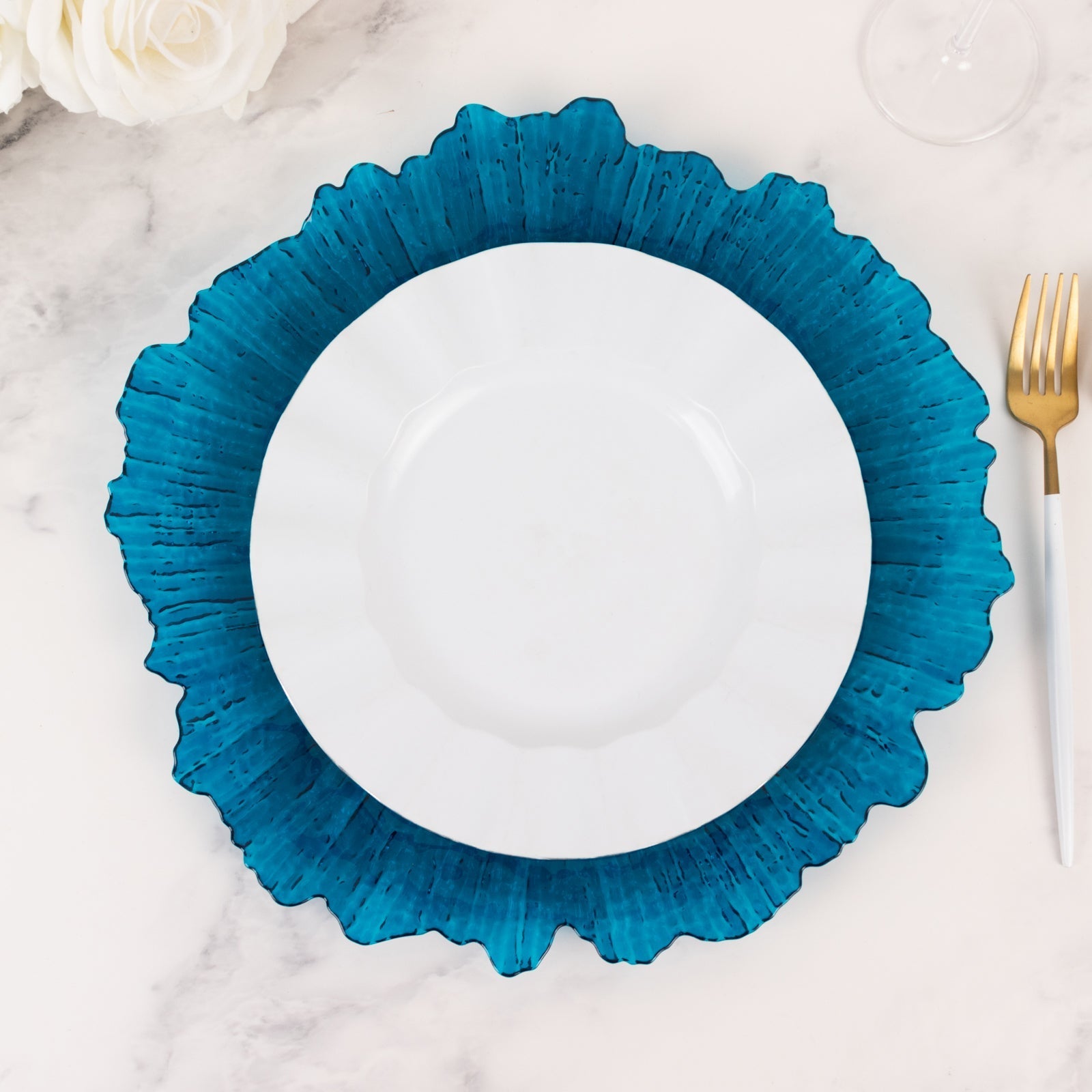 6-Pack Acrylic Plastic Round Charger Plates 13" in Transparent Navy Blue with Reef Design, Dinner Charger Tableware