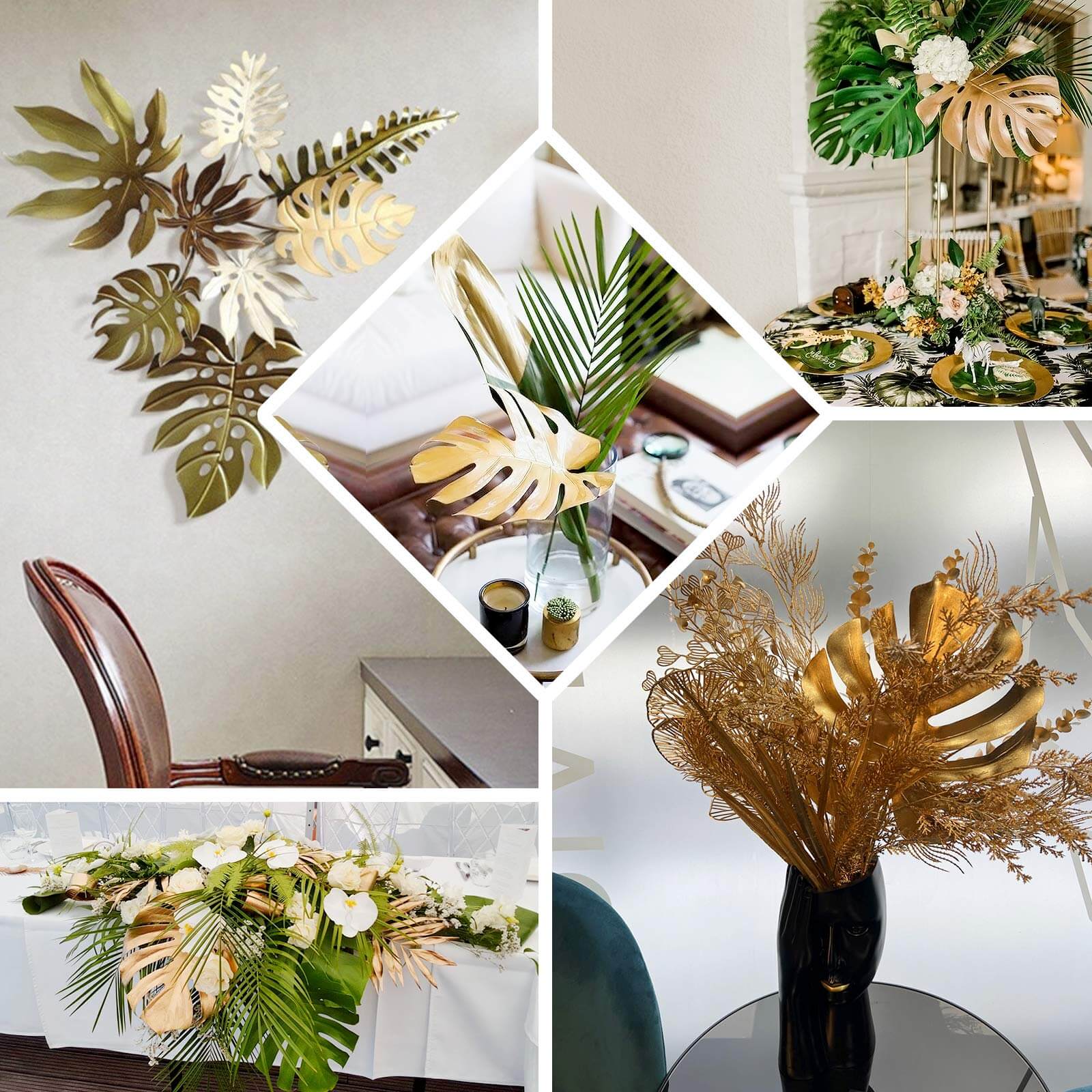 3 Pack 29" Metallic Gold Artificial Monstera Leaf Stems, Faux Palm Leaves, Tropical Floral Arrangements, Faux Plant Vase Filler