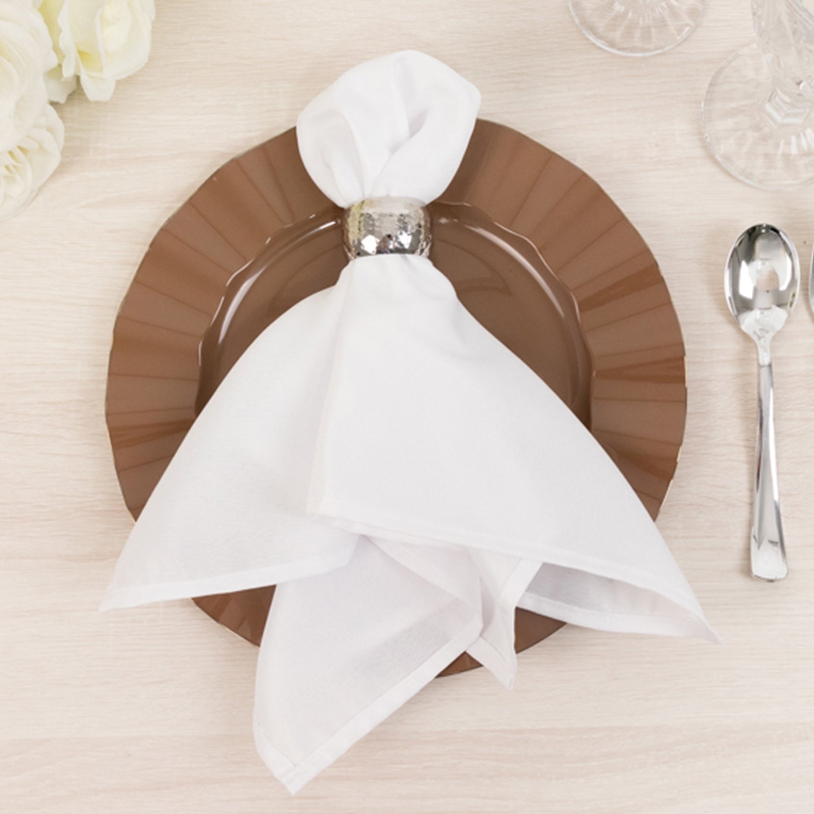 10-Pack Plastic 9" Round Dinner Plates in Coffee Brown Ruffled Rim with Gold Edging - Sturdy Disposable Dinnerware