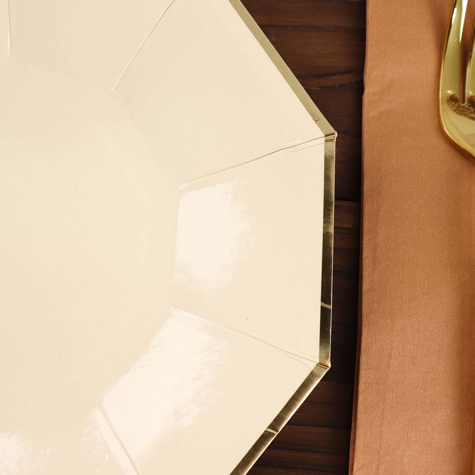 25-Pack Paper 9" Decagon Dinner Plates in Beige with Gold Foil Rim - Disposable Geometric Party Plates for Modern Weddings & Events