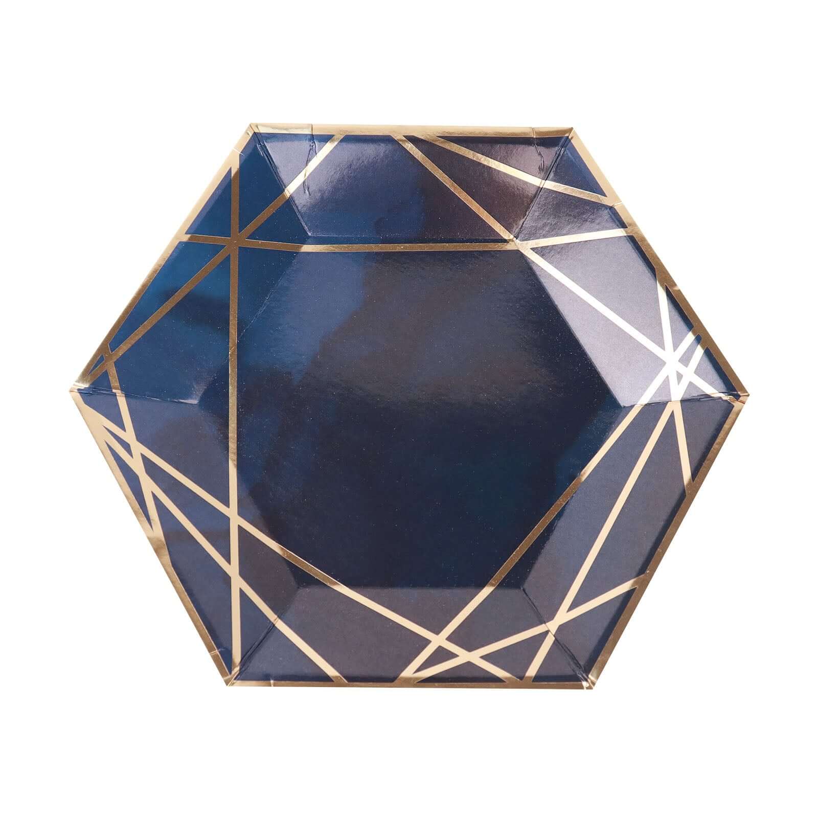 25-Pack Paper 7" Hexagon Dessert Plates in Navy Blue with Gold Geometric Lines & Rim - Stylish Disposable Geometric 300GSM Appetizer Salad Plates