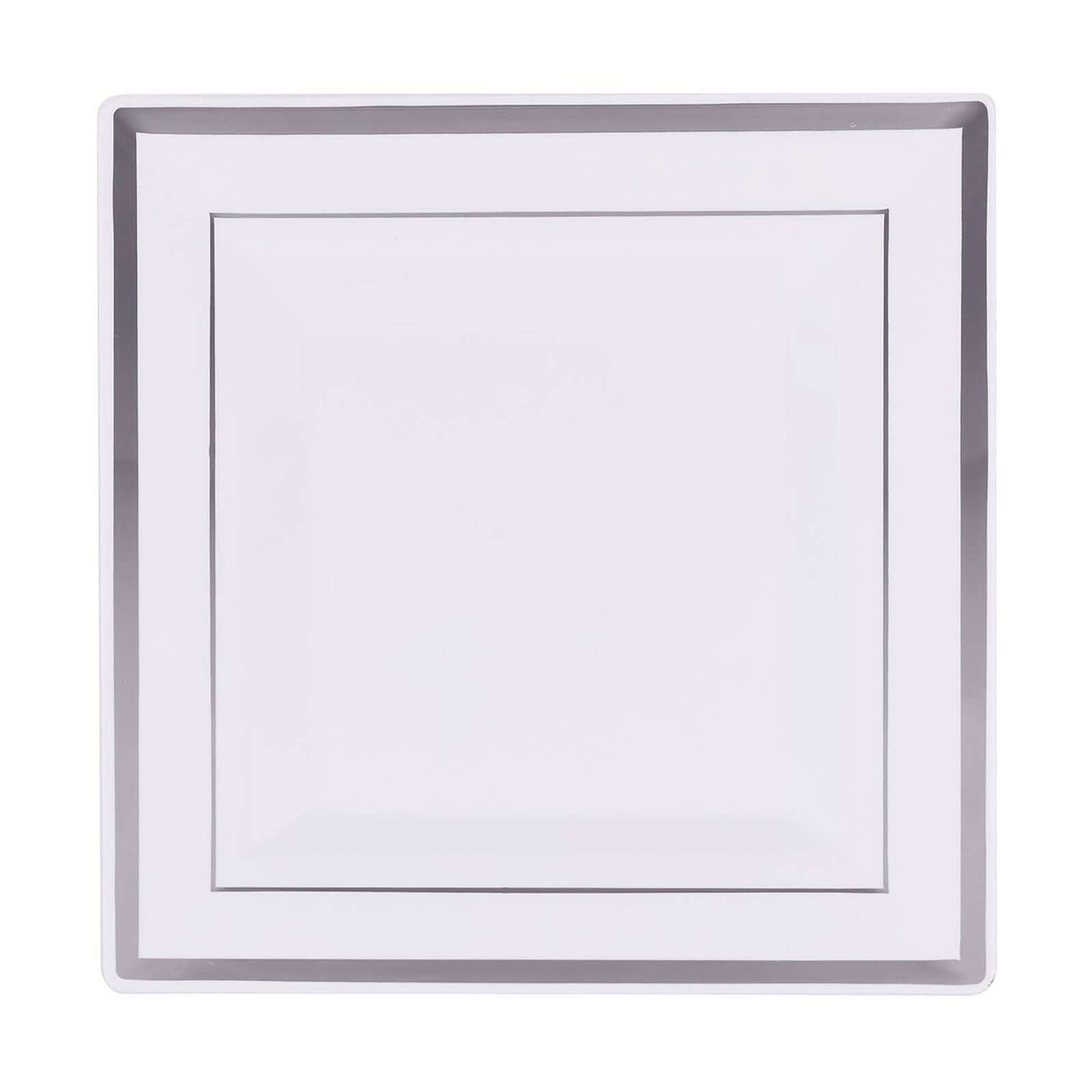 10-Pack Plastic Salad Dessert Plates White Square with Silver Trim - Durable Disposable Appetizer Plates 7"