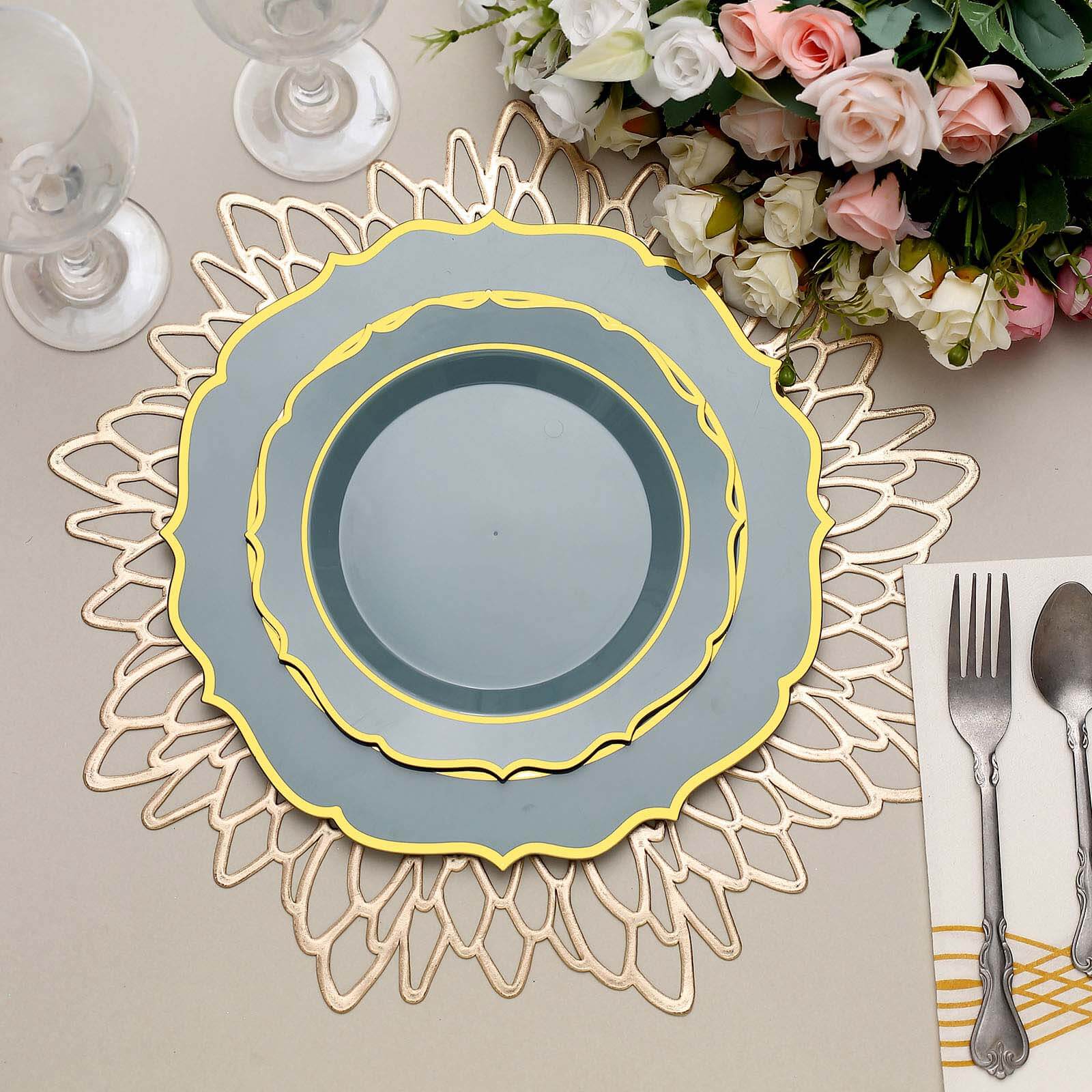 10-Pack Plastic 8" Round Desert Plates in Dusty Blue with Gold Scalloped Rim - Disposable Appetizer/Salad Plates