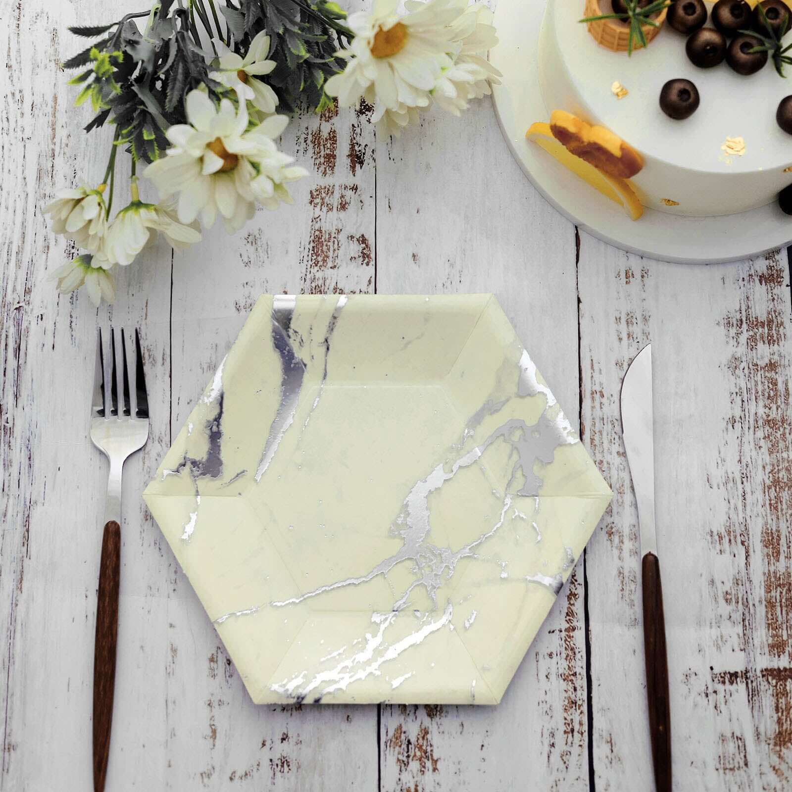 25-Pack Paper 8.5" Hexagon Dessert Plates in Ivory with Silver Marble Design - Disposable Geometric 400GSM Appetizer Salad Plates for Events & Banquets