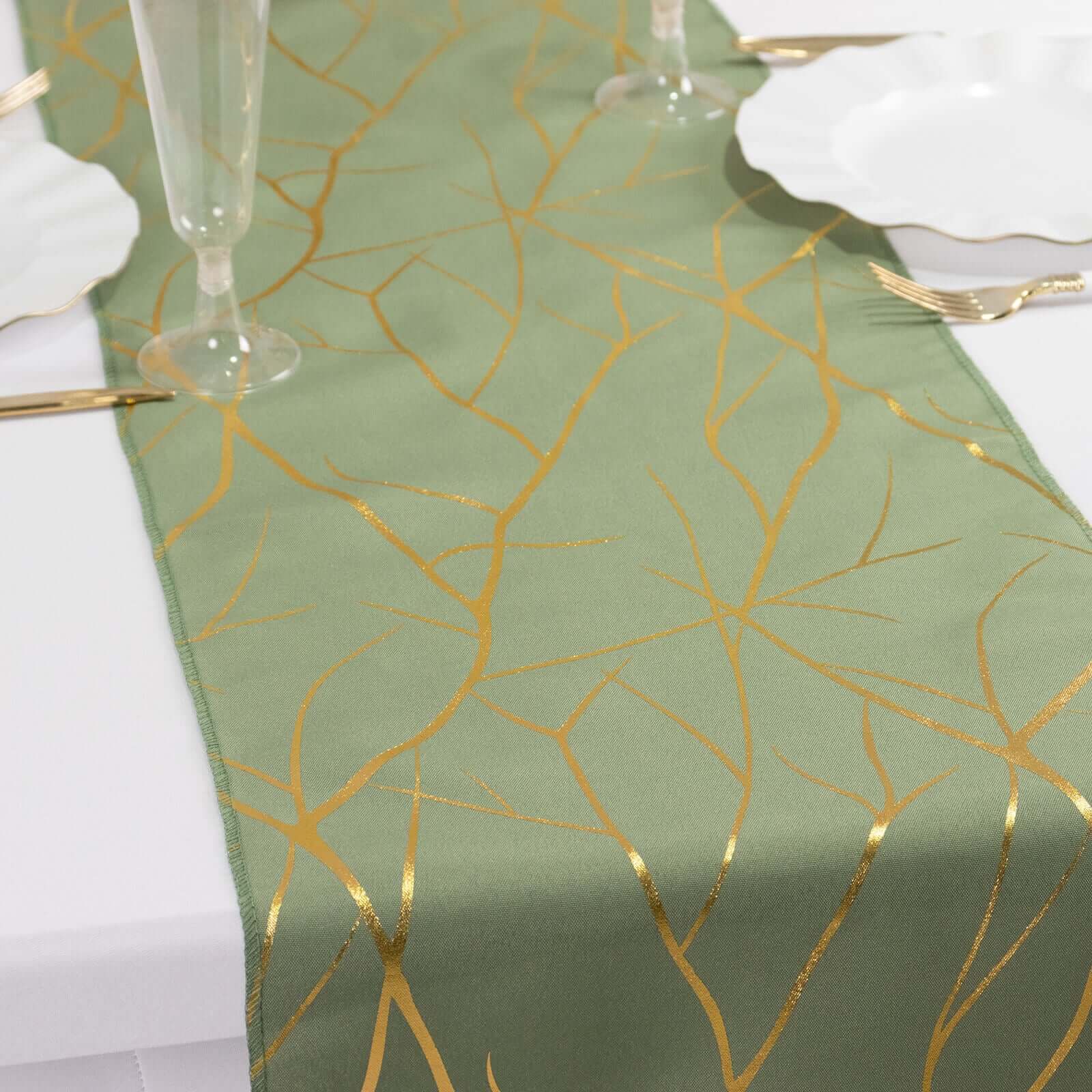 Polyester 9ft Table Runner Dusty Sage Green with Gold Foil Tree Branch Pattern - Stylish Table Linen