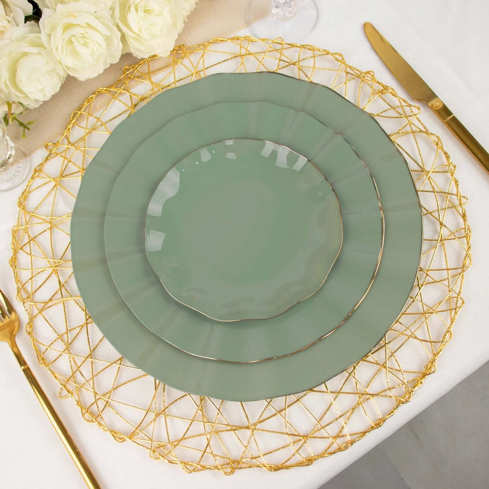 10-Pack Plastic Round 6" Dessert Plates in Dusty Sage Green Ruffled Rim with Gold Edging - Sturdy Disposable Salad Appetizer Dinnerware